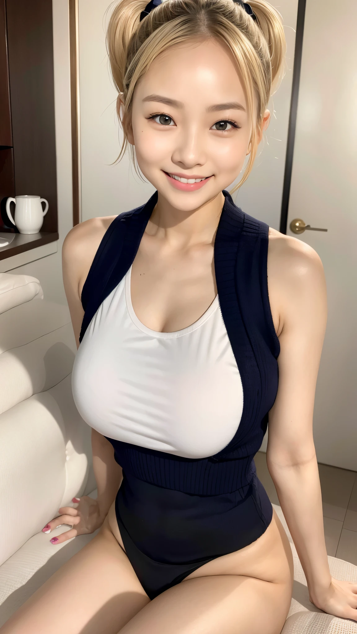 Asian woman with beautiful skin、blonde ponytail、smile