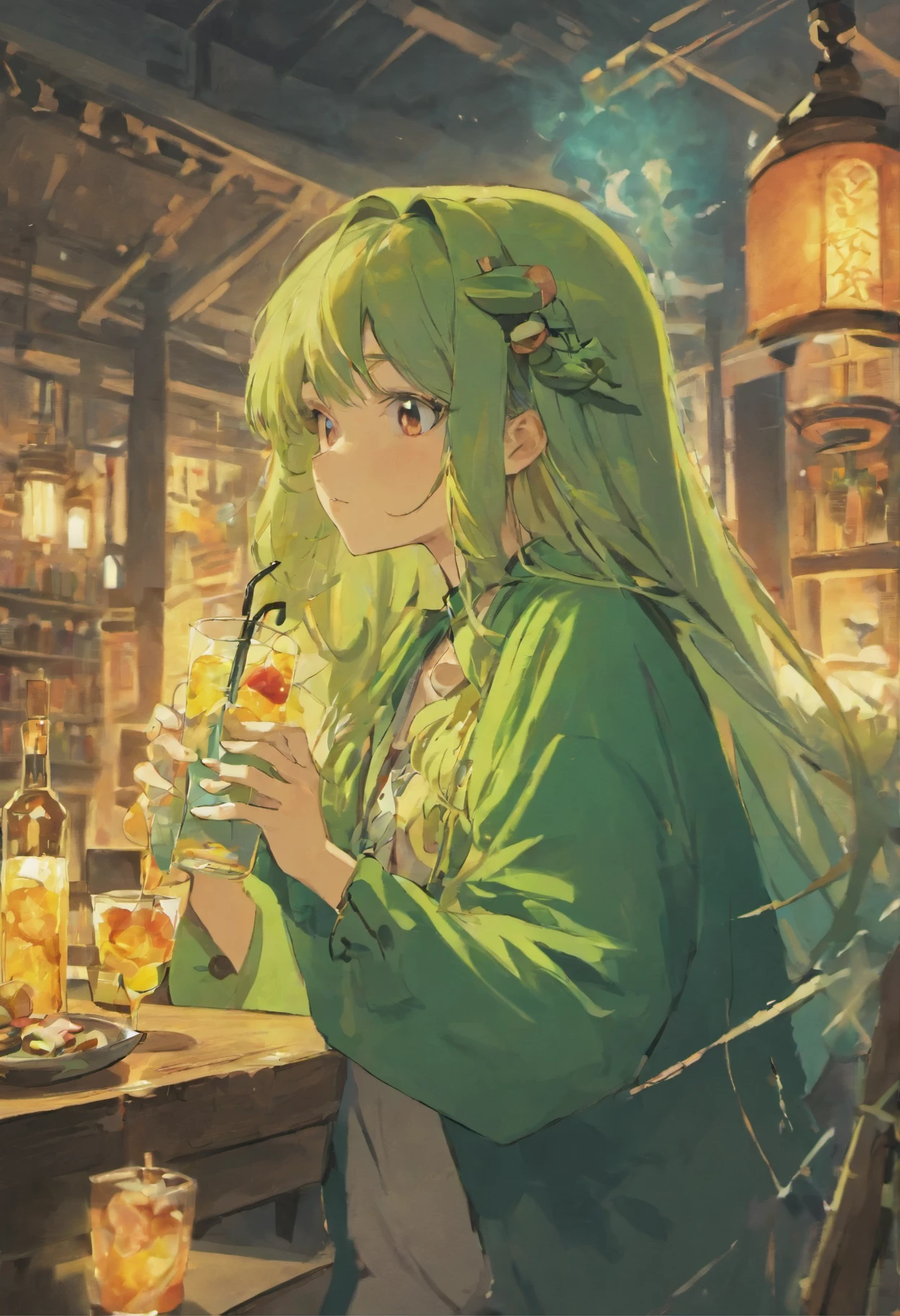 Masterpiece beautiful orc woman, Green skin, black long hair, tusks, drinking at a bar, wearing blacksmithing clothes. very strong. fantasy world, fantasy tavern pretty