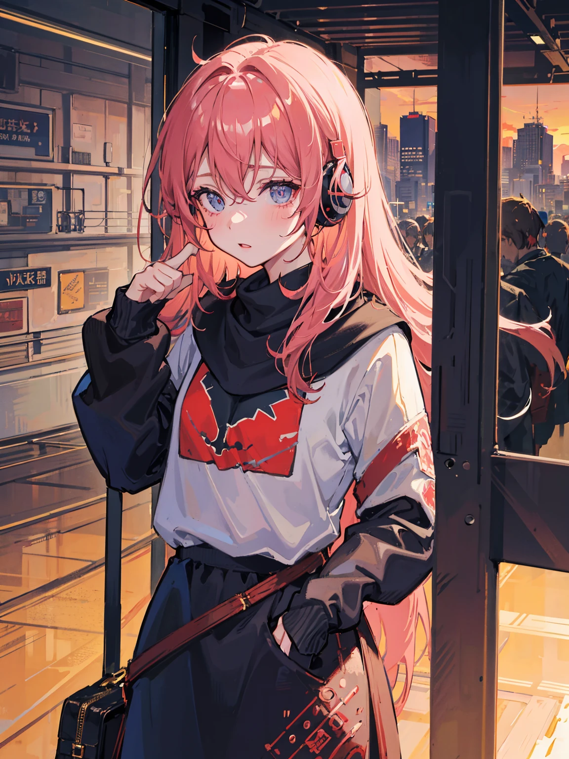cute girl in the train, in love, vivid eyes, alone, with headphones, sunset, gorgeous, loose clothes, messy hair, digital art, masterpiece, high details, intricate, perfect face, traced lights, peace