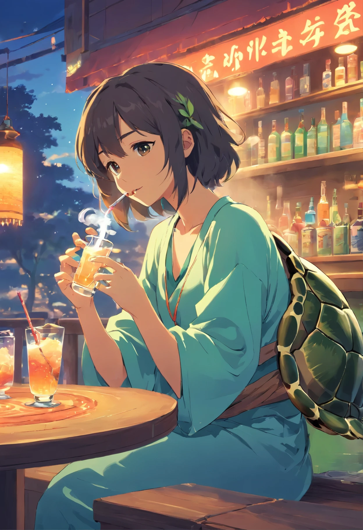 The turtle smokes a hookah and drinks kumiss