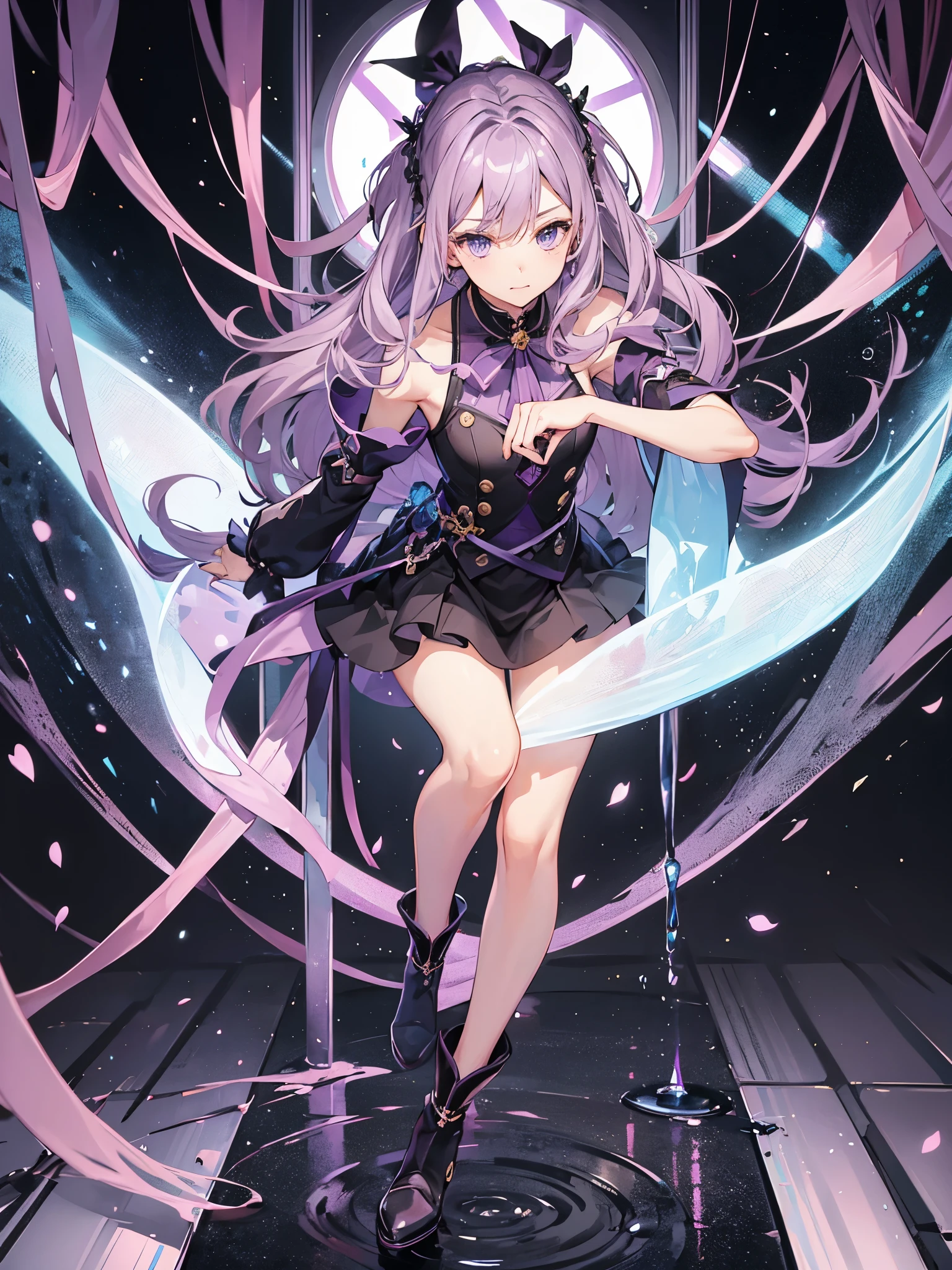 1boy, mauve hair, amethyst eyes, ((full body)), ((idol)), ((crossdressing)), long boots, 美少年, 军服外套, ((单人))