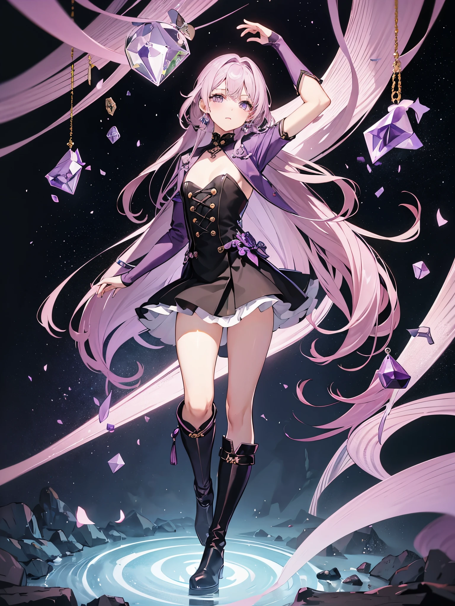 1boy, mauve hair, amethyst eyes, ((full body)), ((idol)), ((crossdressing)), long boots, 美少年, 军服外套, ((单人))