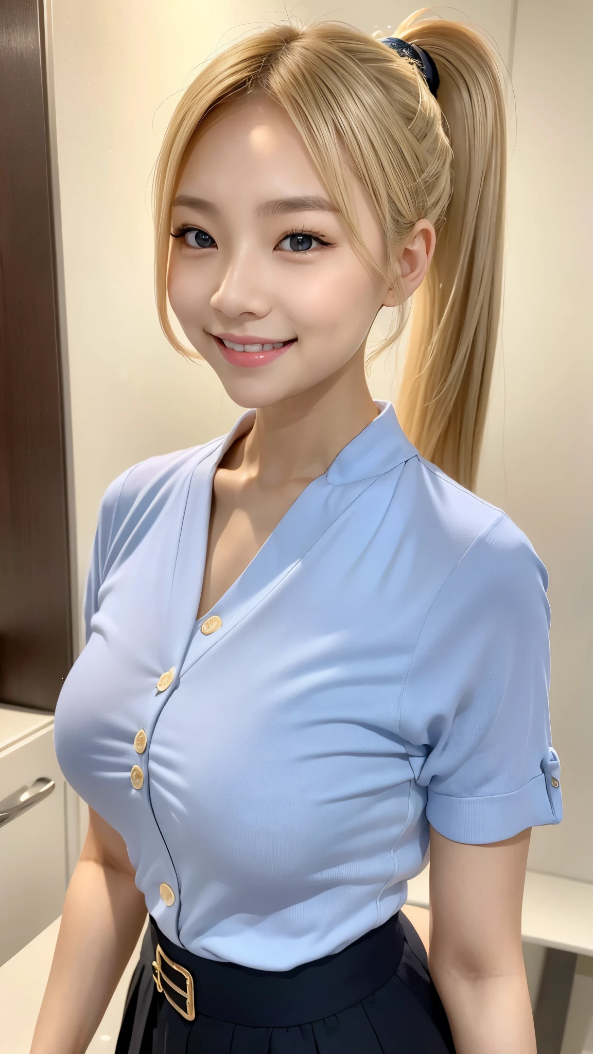 Asian woman with beautiful skin、blonde ponytail、smile