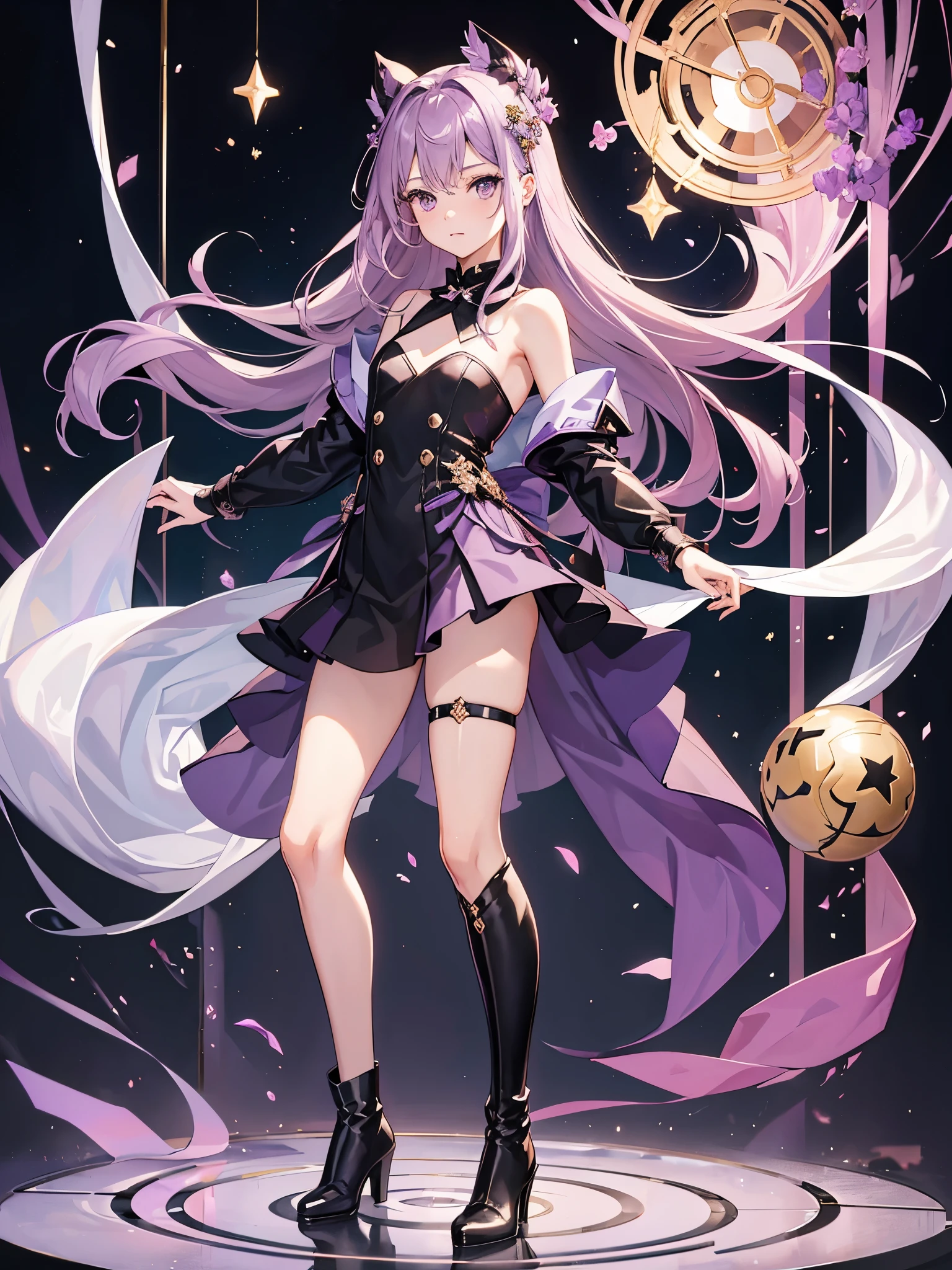 1boy, mauve hair, amethyst eyes, ((full body)), ((idol)), ((crossdressing)), long boots, 美少年, 军服外套, ((单人))