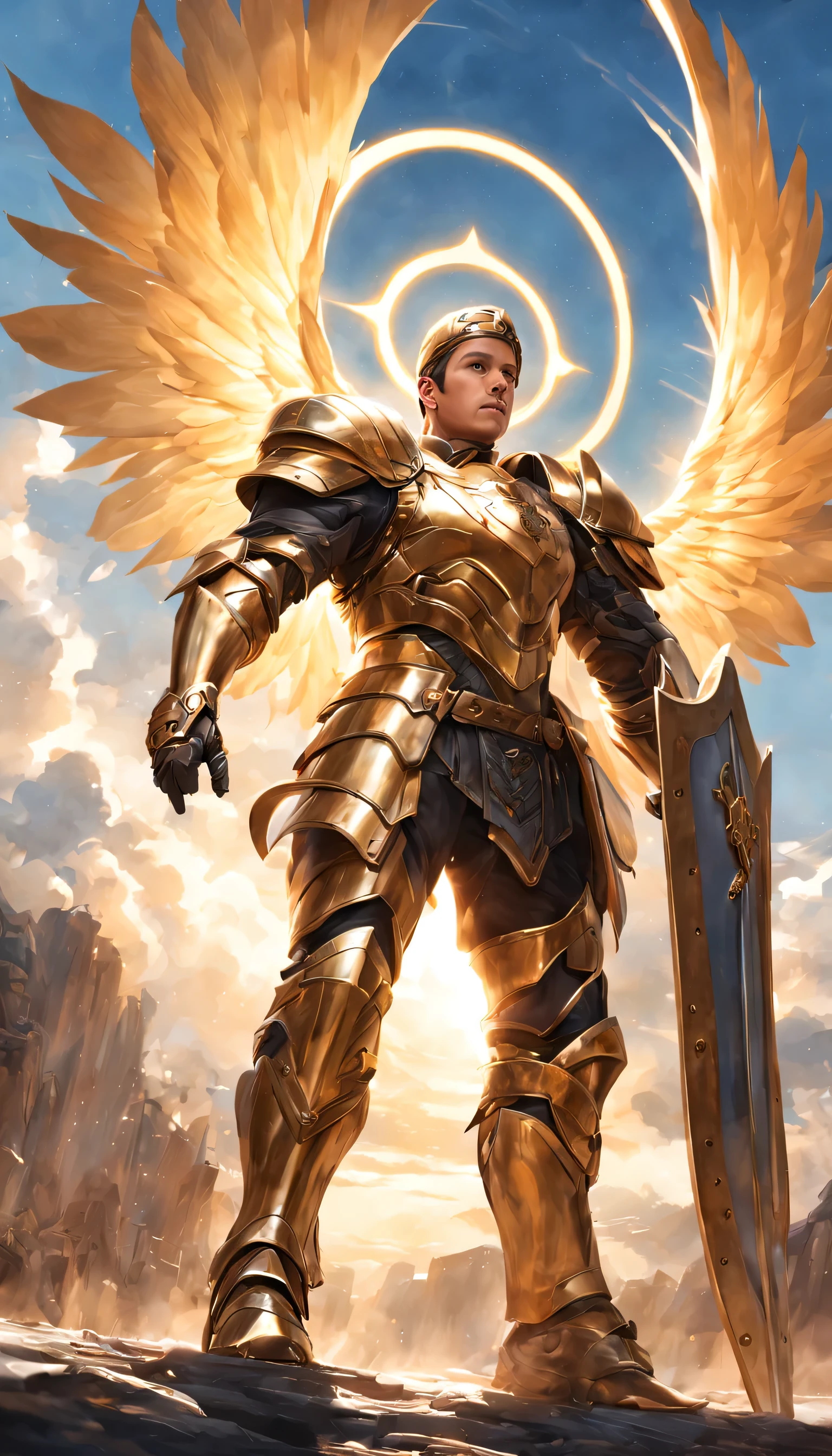 (best quality,4k,highres:1.2),ultra-detailed,realistic,professional,portrait,angelic,Michael,the warrior angel,patron saint of soldiers,shield,sword,Christian tradition,A depiction of Michael,A male angel in a warrior attire,protective shield,sharp-edged sword,Michael standing tall, majestic wings,armor,glowing divine light,commanding presence in the clouds,golden halo,feathers,heavenly backdrop,vivid colors,sublime atmosphere