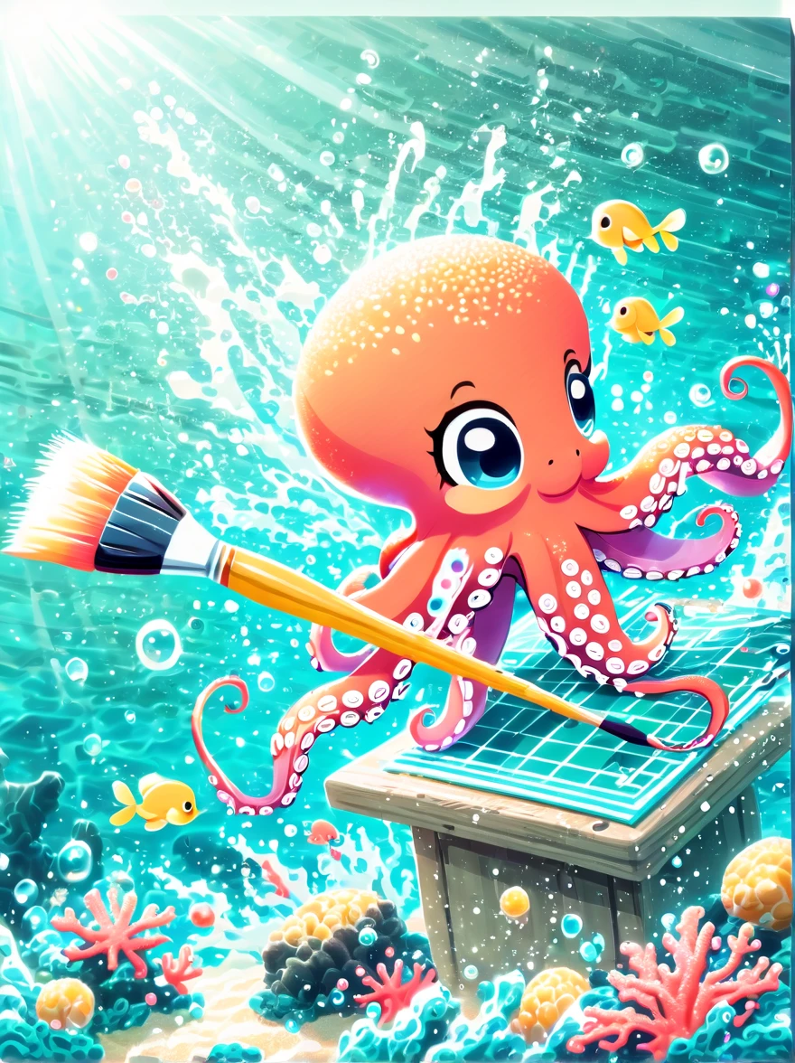 Illustrated style and whimsical atmosphere，an underwater world，((1 cute octopus holding a paintbrush and drawing pictures on the drawing board:1.5))，((油画颜料和彩色ink的强烈飞溅效果:1.6))，(More ink splatter effects on the canvas and octopus:1.6)，(Character covered in ink liquid splatter:1.6), (Underwater world background，Splashed ink，ink:1.6)，The octopus should look happy doing its art，Surrounded by a vibrant aquatic environment filled with coral and marine life。(vector illustration:1.2)