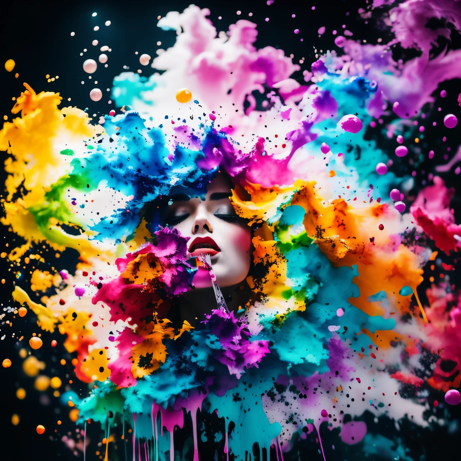 best quality, 32k, RAW photo, incredibly absurdres, extremely detailed, the moment when colorful ink splashes and jumps up, milk crown, ink splatter, beautiful professional lighting