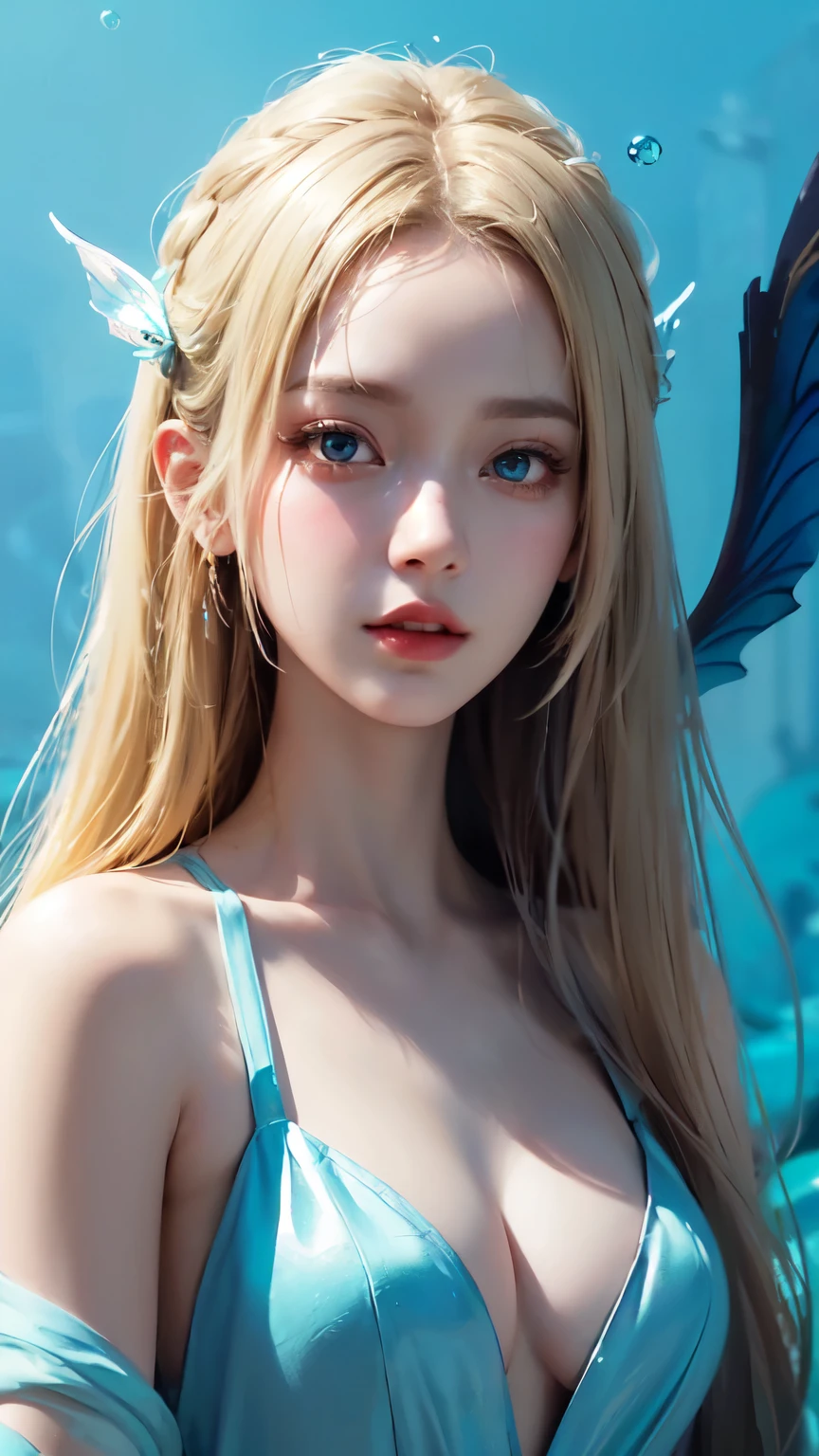 Close-up of a woman in a white dress underwater，Wallpaper blue water，guweiz style artwork，Close-up fantasy of water magic，author：Yang J，guweiz，A beautiful artwork illustration，water fairy，Beautiful digital artwork，Beautiful digital illustration，bowater art style，Beautiful portraits，blond，long hair，blue eyes