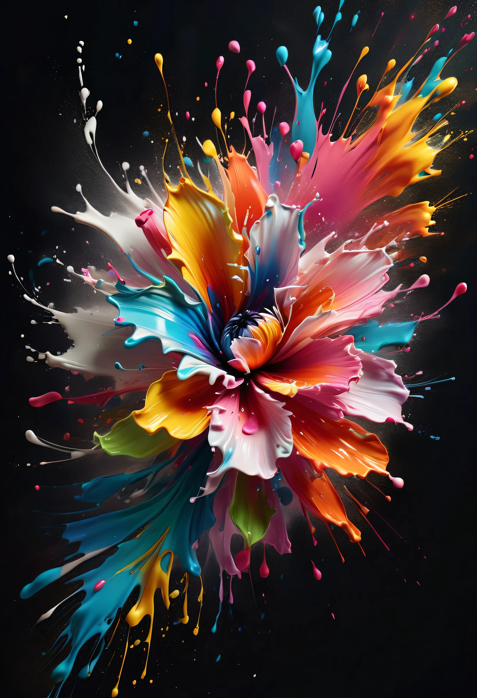 (best picture quality，4K,8k，HD，masterpiece:1.2)，Super detailed，(lifelike，lifelike，lifelike:1.37)。Creative wallpaper design，extremely beautiful，Explosive art，swirl，Abstractionism，like a blooming flower，（（（ink splatter：1.5，Art splashes））），（（（ink splatter效果：1.37，splatted paint：1.37.Colorful paint splash，paint splatter background，）））Energetic movement，动态有力的Abstractionism，colorful，propylene，Vivid rainbow hues，Joyful and lively atmosphere，Bright orange，pink，Whimsical and dreamy，spontaneous splash，bold color contrast。dark background