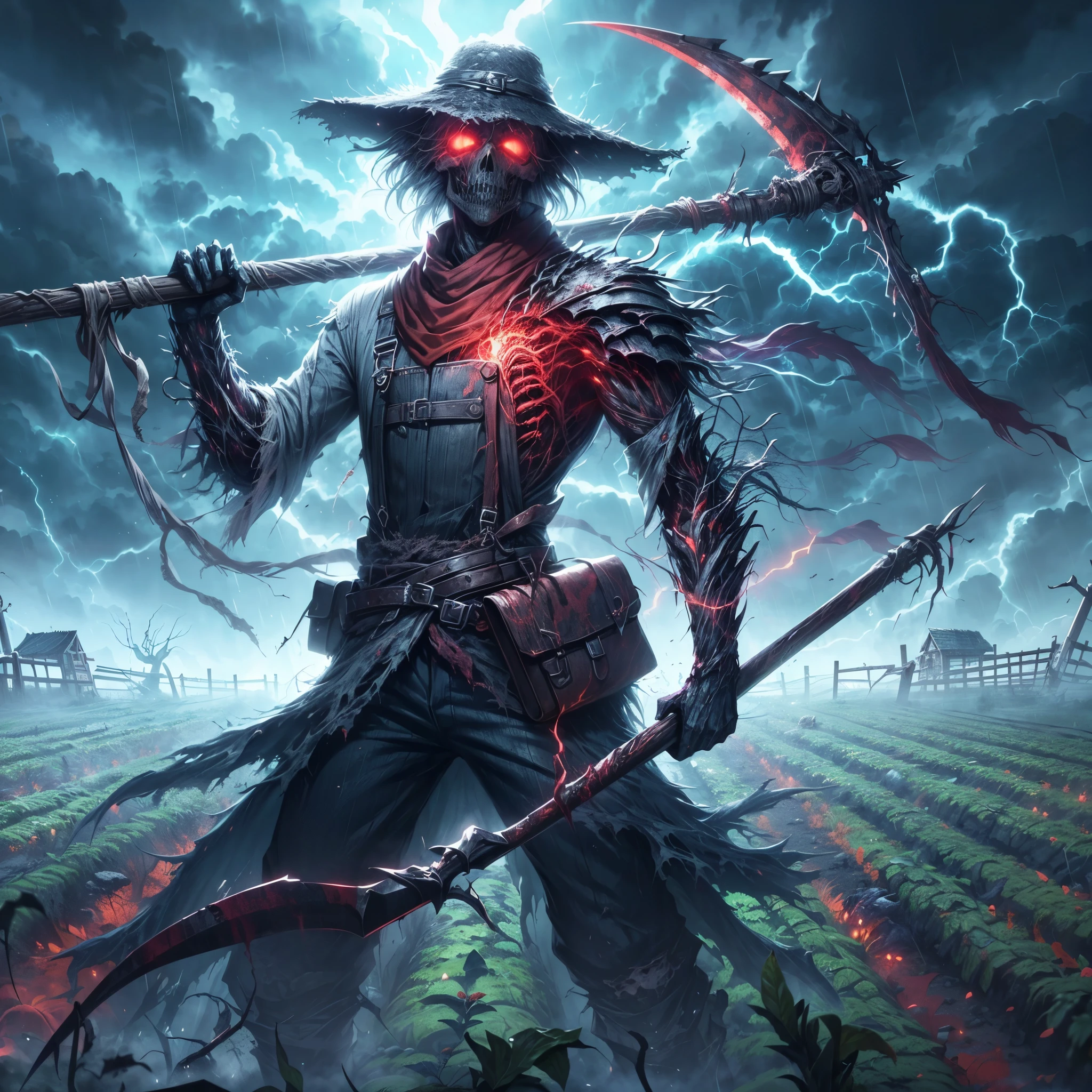 (best quality,4k,8k,highres,masterpiece:1.2),ultra-detailed,realistic:1.37,dark soul boss style,skull face,,Lovecraftian horror,haunted field background,scythe weapon,glowing red eyes,fantasy corrupted farmer outfit,energy cracking around body,battle aura,bloodstained,dynamic lighting,ominous atmosphere,grim and desolate,twisted trees,creepy fog,unsettling shadows,weathered scarecrows,distorted landscapes,haunting whispers,ominous sky,crumbling ruins,ominous storm brewing,lingering sense of darkness,ominous runes,shattered gravestones,mystery and suspense,brutal and intense,dread and fear,gothic elements,oppressive silence,menacing presence,horror-filled ambiance,dark and tormented souls,sinister energy,evoking a sense of doom,nightmare-infused reality