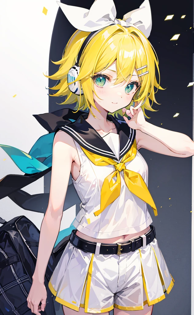 top-quality、super precision、Onegirl、(kagamine_Rin)、Green eyes、Cute  s、Shorthair、White hair ribbon、hair clips、headphones、a blond、a sailor suit、Black shorts、a belt、Yellow neckerchief、Sleeveless、ssmile、High school students、Older sister、white backgrounid