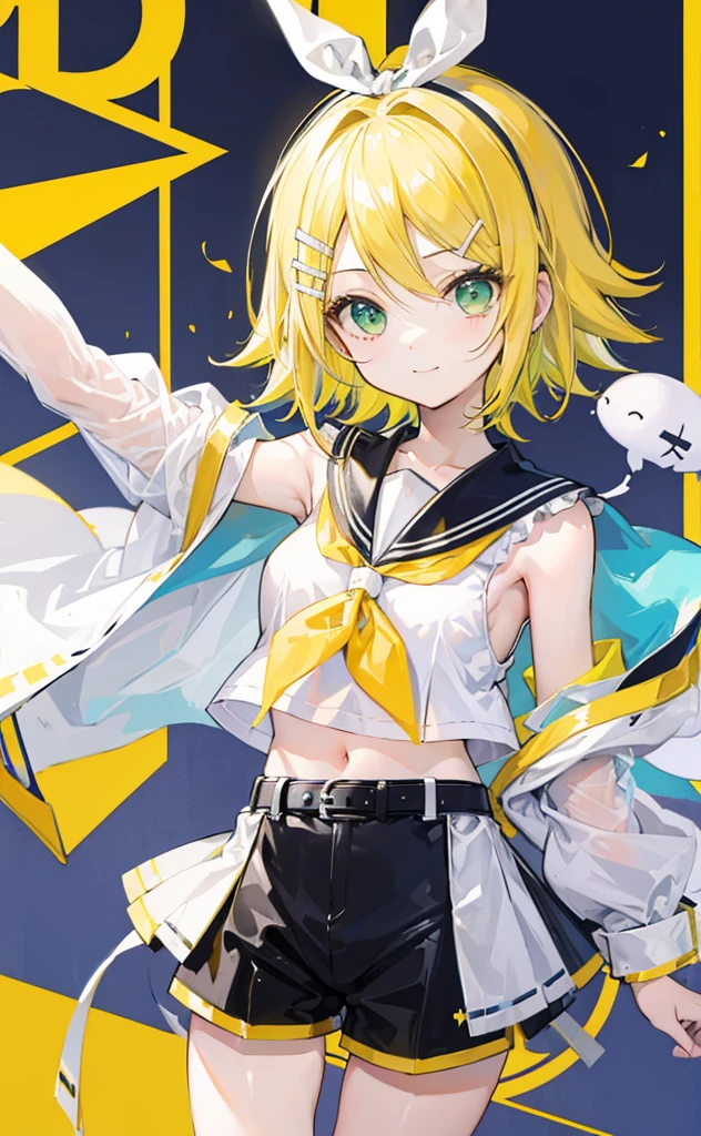 top-quality、super precision、Onegirl、(kagamine_Rin)、Green eyes、Cute s、Shorthair、White hair ribbon、hair clips、headphones、a blond、a sailor suit、Black shorts、a belt、Yellow neckerchief、Sleeveless、ssmile、High school students、Older sister、white backgrounid big breast 眼睛 yellow eyes