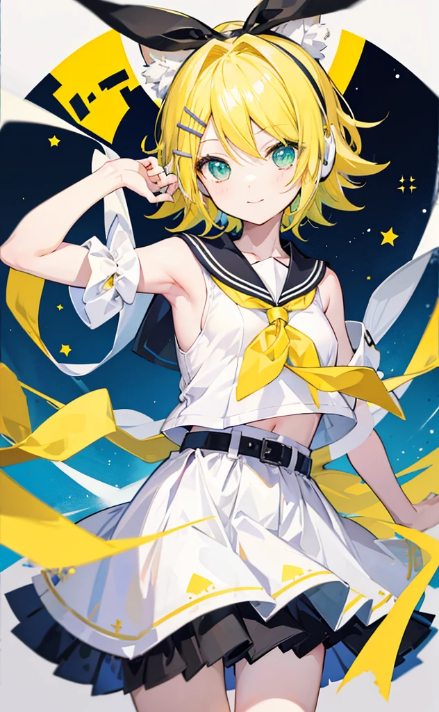 top-quality、super precision、Onegirl、(kagamine_Rin)、Green eyes、Cute s、Shorthair、White hair ribbon、hair clips、headphones、a blond、a sailor suit、Black shorts、a belt、Yellow neckerchief、Sleeveless、ssmile、High school students、Older sister、white backgrounid big breast 眼睛 yellow eyes