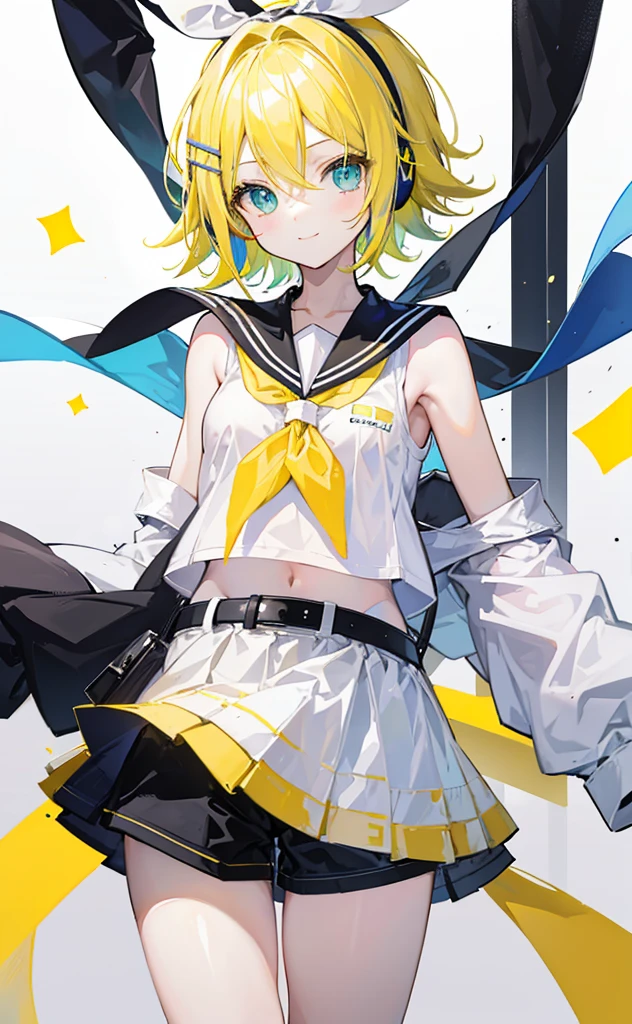 top-quality、super precision、Onegirl、(kagamine_Rin)、Green eyes、Cute s、Shorthair、White hair ribbon、hair clips、headphones、a blond、a sailor suit、Black shorts、a belt、Yellow neckerchief、Sleeveless、ssmile、High school students、Older sister、white backgrounid big breast 眼睛 yellow eyes