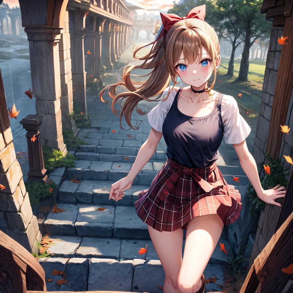 reddish-brown blonde、blue hair、blue eyes、ponytail、one good looking girl、solo、anime、Plaid miniskirt、camisole、black t-shirt、Tilting your face、Doing the ribbon、Ribbon at waist、sunset sky、broken stone steps、Remains、tunnel、Fallen leaves、Light and shadow、monster castle、corridor、One leg is raised、pinwheel、castle floating in the air、column、Jewelry box、flag、sparks fall、forest、Hand mirror