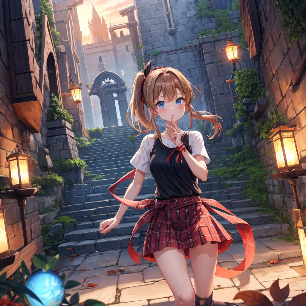 reddish-brown blonde、blue hair、blue eyes、ponytail、one good looking girl、solo、anime、Plaid miniskirt、camisole、black t-shirt、Tilting your face、Doing the ribbon、Ribbon at waist、sunset sky、broken stone steps、Remains、tunnel、Fallen leaves、Light and shadow、monster castle、corridor、One leg is raised、pinwheel、castle floating in the air、column、Jewelry box、flag、sparks fall、forest、Hand mirror
