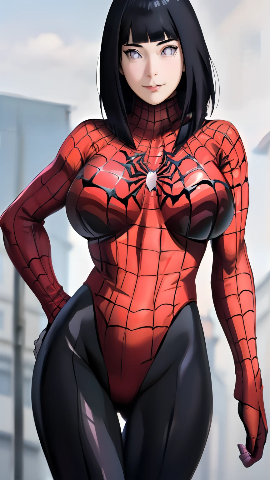 (8k, RAW photos, top quality, masterpiece: 1.2), (realistic, photorealistic: 1.37), (High Quality), (Ultra realistic), (High Details), (Face detail), (Shadow Detail), (big breast : 1.5), (17yo), Looking at viewers, 1 girl, solo, Purple eyes, Black hair, Long hair, Pink Lips, Extreamly Face Detailed, (Wide Hips : 1.5), Red Spider Suit, Spider-man costume, smile, Hinata Hyuga