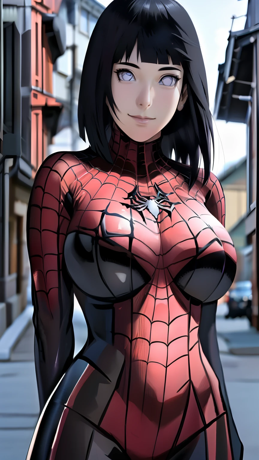 (8k, RAW photos, top quality, masterpiece: 1.2), (realistic, photorealistic: 1.37), (High Quality), (Ultra realistic), (High Details), (Face detail), (Shadow Detail), (big breast : 1.5), (17yo), Looking at viewers, 1 girl, solo, Purple eyes, Black hair, Long hair, Pink Lips, Extreamly Face Detailed, (Wide Hips : 1.5), Red Spider Suit, Spider-man costume, smile, Hinata Hyuga
