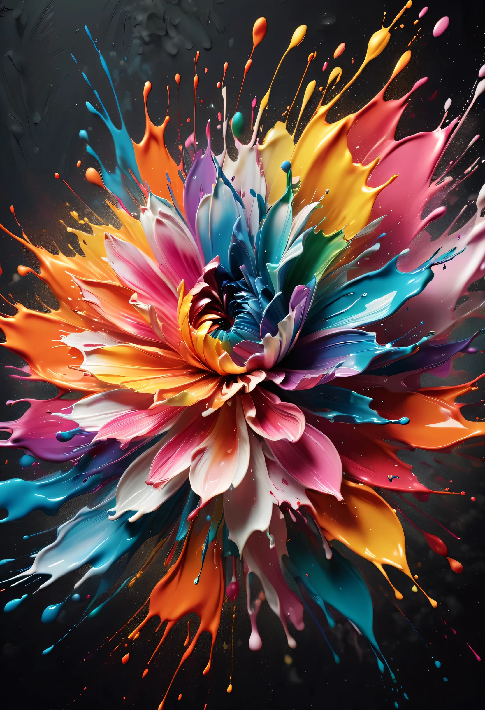 (best picture quality，4K,8k，HD，masterpiece:1.2)，Super detailed，(lifelike，lifelike，lifelike:1.37)。Creative wallpaper design，extremely beautiful，Explosive art，swirl，Abstractionism，like a blooming flower，（（（ink splatter：1.5，Art splashes））），（（（ink splatter效果：1.37，splatted paint：1.37.Colorful paint splash，paint splatter background，）））Energetic movement，动态有力的Abstractionism，colorful，propylene，Vivid rainbow hues，Joyful and lively atmosphere，Bright orange，pink，Whimsical and dreamy，spontaneous splash，bold color contrast。dark background
