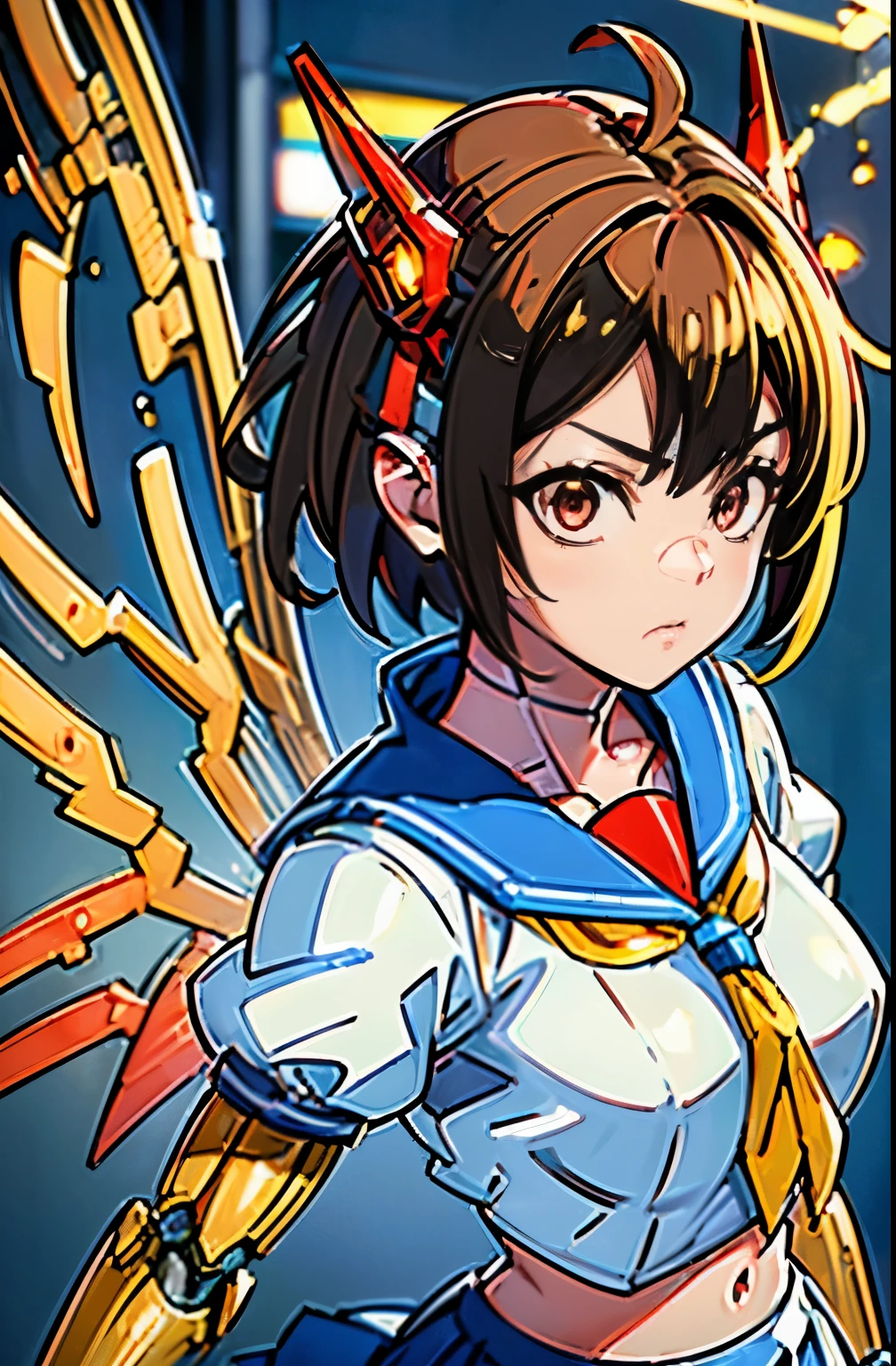 1girl solo,Standing depiction、(Large symmetrical mechanical wings:1.6)、((kasugano sakura:1.3))、(Symmetrical mechanical headgear:1.6)、Beauty Cyborg, Cyborg - beautiful woman with brown short bob hair perfect anime cyborg woman, cute cyborg beauty, beautiful cyborg beauty, cyborg girl, (Perfect android beauty), (perfect cyborg woman), (Cyborg - Girl), (beautiful female cyborg)、 beautiful white girl cyborg, beautiful female android, Beautiful and attractive female cyborg、walk、full body description、(Mechanical sailor suit:1.5)、(mechanical ruffle skirt:1.5)、((Combat readiness))、(Glowing red mechanical eyes:1.9), brown hair, short hair, bangs, Ahoge,(head band), ((Gray uniform:1.4)), puffy sleeves, crop top, yellow neckerchief, ((gray skirt:1.4)), fingerless gloves, thighs thighs thighs, white socks, red footwear,Expressionless、(table top, highest qualityの, highest quality, beautiful and aesthetic: 1.2), very detailed, more detailed,Proper body proportions,table top,Super high quality output image,High resolution,intricate details,very delicate and beautiful hair,realistic pictures,dream-like,professional lighting,realistic shadow,focus only,Anime one、finding stance, punching, finding,raise one leg、cel anime