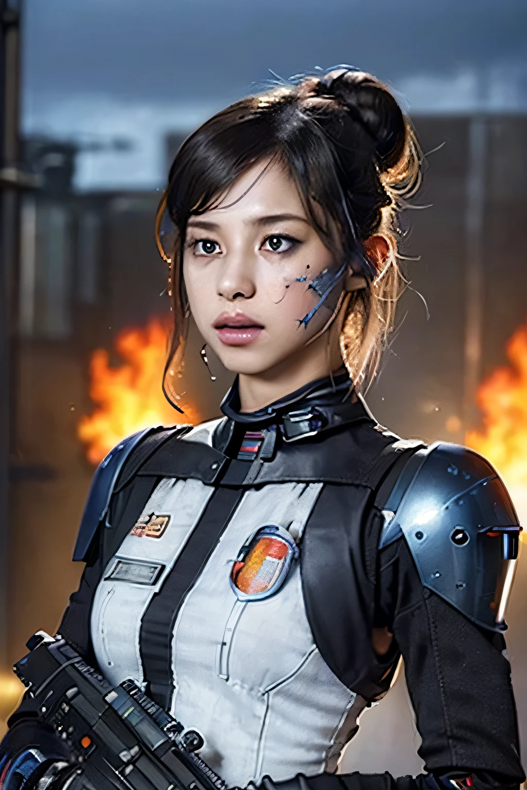 Highly detailed 16K CG uniform wallpaper, (RAW photo, realistic:1.3), (cyber punk:1.5), professional photos, cinematic lighting, written boundary depth, sharp focus, highest quality, masterpiece, genuine, highest resolution, (intricately detailed face, Super realistic skin texture:1.5), ((correct anatomy, View from the front:1.3)), 1 girl, ((female soldier with mechanized body:1.5)), alone, (cowboy shot:1.2), looking at the viewer, (beautiful girl:1.5), black hair, (single hair bun hair:1.4), pretty fine skin, (tan:1.2), black eye, realistic and bright eyes, beautiful nose and lips, Expressionless, ((fancy dress:1.4)), ((Alloy armor:1.3)), combat uniform, (thin, Medium chest:1.5), ((Can store one large blaster rifle, Fire a blaster rifle at an enemy base:1.5)), ((outdoor, city of the future, battlefield, Remains:1.4)),