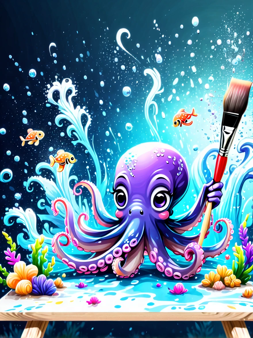 Illustrated style and whimsical atmosphere，an underwater world，((1 cute octopus holding a paintbrush and drawing pictures on the drawing board:1.5))，((油画颜料和彩色ink的强烈飞溅效果:1.6))，(More ink splatter effects on the canvas and octopus:1.6)，(Character covered in ink liquid splatter:1.6), (Underwater world background，Splashed ink，ink:1.6)，The octopus should look happy doing its art，Surrounded by a vibrant aquatic environment filled with coral and marine life。(vector illustration:1.2)