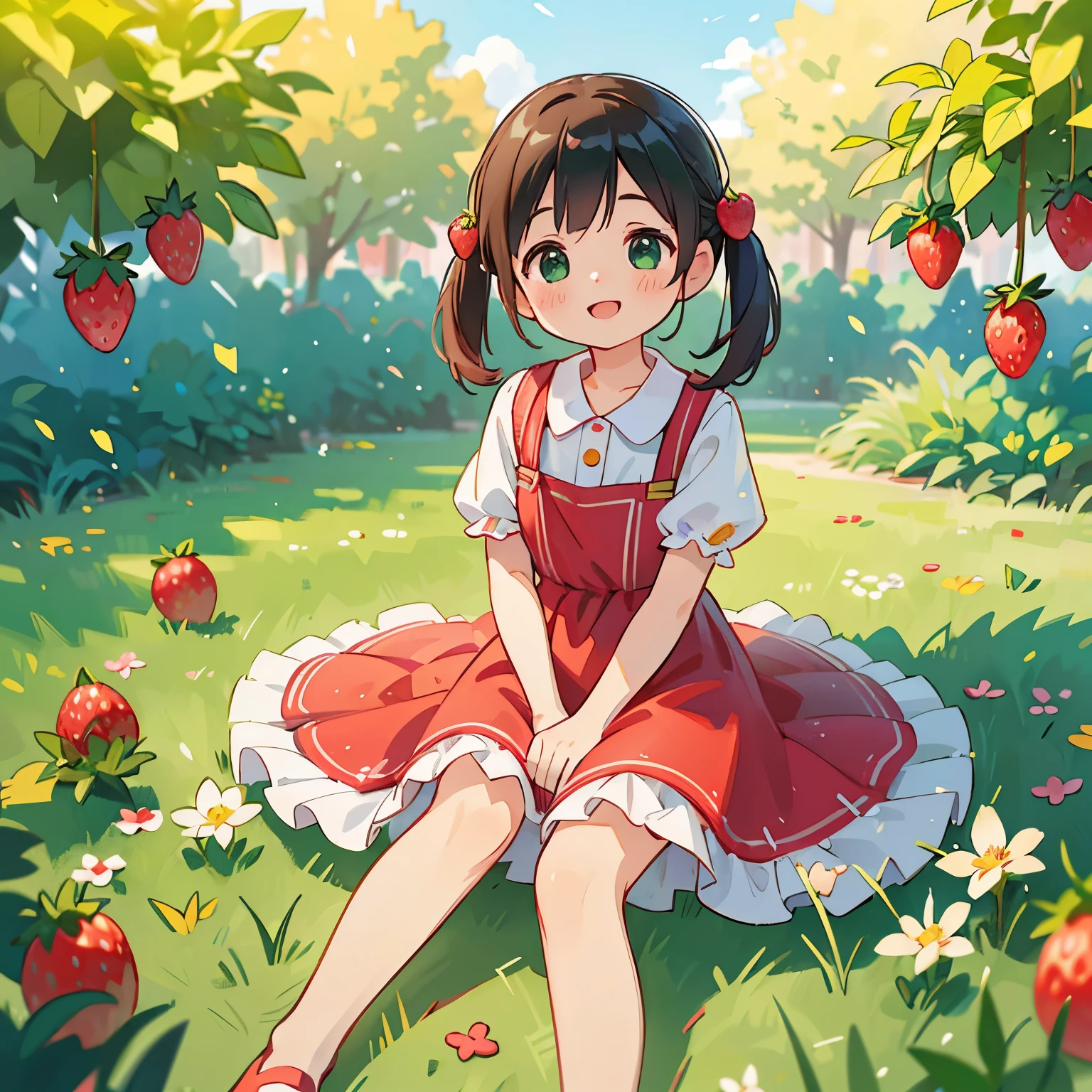 (photorealistic:1.37)、octane rendering、Morning park、Strawberry dress、Girl has twin tail hairstyle and smiles、strawberries fall from the sky、Bright colors、soft sunlight、beautiful flower、green grass、playful atmosphere、peaceful environment、detailed texture、Bright colors、cute shoes with accessories、He looks happy