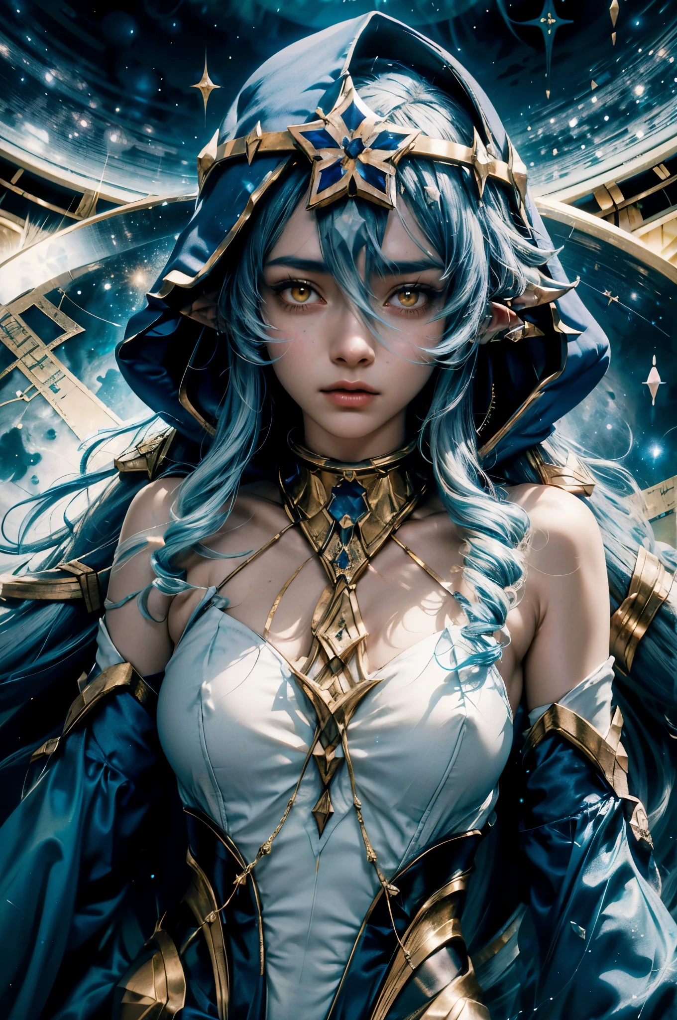 (1 girl solo, long flowy blue hair, yellow eyes, blue and white clothes, white leggings, blue hood, golden details and accessories, bare shoulders) ((fullbody shot, floating in space)) (masterpiece), (best quality:1.4), absurdres, [:intricate details:0.2], 1girl, Flowing robes, intricate magical circles, glowing map of the stars and constellations and galaxies, shimmering aura, intense focus, arcane incantations, crackling energy, levitating artifacts, flickering candles, swirling mist, sparkling stars, mystical crystals, glowing sigils, otherworldly chanting, mysterious symbols, powerful invocation, transcendent awareness, cinematic light, cinematic shot, dramatic shot, movie poster aestethic