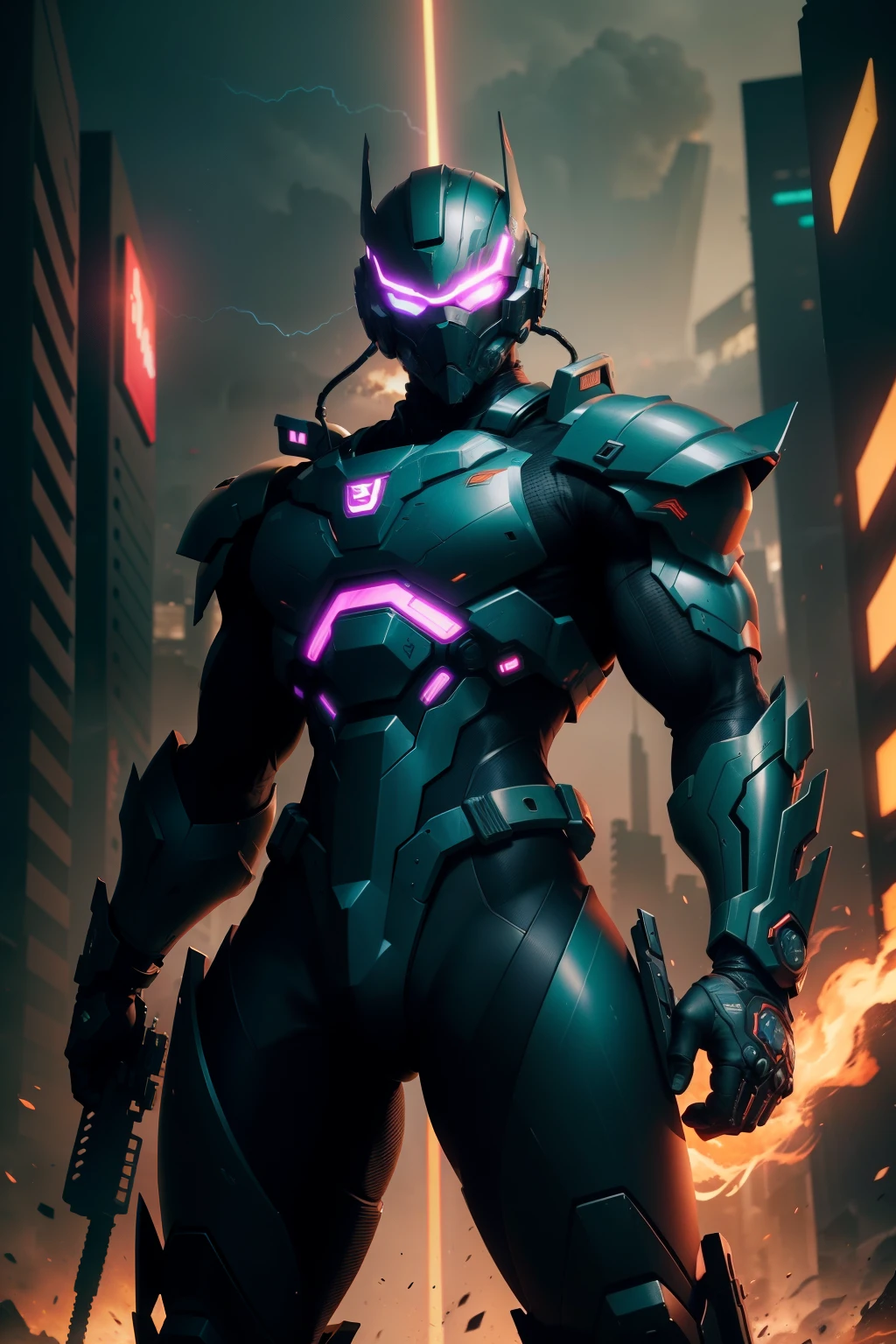 Amidst the backdrop of a neon-lit, dystopian cityscape, a formidable warrior emerges. Clad in a sleek, black battle suit, adorned with intricate circuits and advanced technologies, the warrior exudes an aura of unyielding determination. His visage is concealed behind a high-tech helmet, his eyes glowing with an intense, focused intensity. In his hands, he wields a pair of pulse rifles, their barrels glowing with raw energy, ready to unleash a barrage of destructive force at a moment's notice. The suit's joints creak and whirr as the warrior shifts his weight