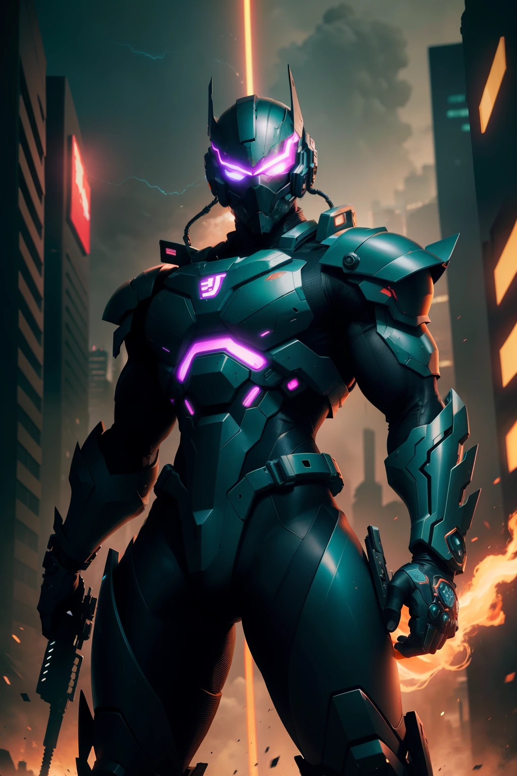 Amidst the backdrop of a neon-lit, dystopian cityscape, a formidable warrior emerges. Clad in a sleek, black battle suit, adorned with intricate circuits and advanced technologies, the warrior exudes an aura of unyielding determination. His visage is concealed behind a high-tech helmet, his eyes glowing with an intense, focused intensity. In his hands, he wields a pair of pulse rifles, their barrels glowing with raw energy, ready to unleash a barrage of destructive force at a moment's notice. The suit's joints creak and whirr as the warrior shifts his weight
