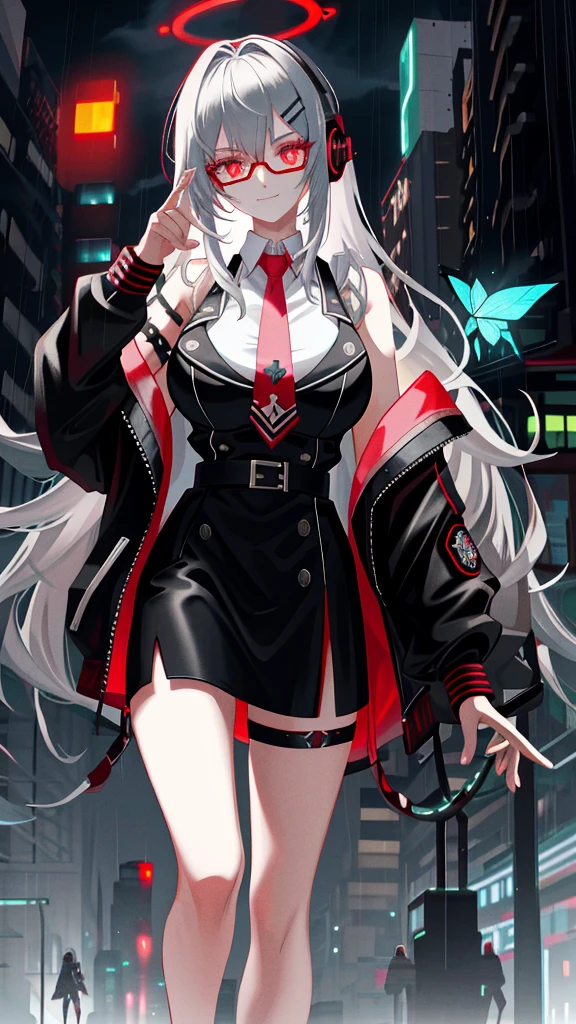 A highly detailed portrait of a solo 1girl standing on a street corner, during a rainstorm with lightning strikes and a cloudy sky, neon and cyberpunk background, she is wearing punk clothes with silver chains and silver spikes, wearing glasses, Big breast,she has a butterfly wing hairclip in her wild hair, she has headphones and a necktie on, , detailed glowing red eyes with distinct pupils, ominous aura Halo, smile, punk, cyberpunk, backlighting, masterpiece, best quality, intricate detail, absurdres, chromatic aberration, depth of field, soft lighting, tone mapped, highly detailed, artstation, concept art, smooth, sharp focus, dramatic lighting, vampire queen, highly detailed artwork, pink lightning, cinematic, trending on Artstation, 8K, incredible shadows, (highly detailed background:1.0)