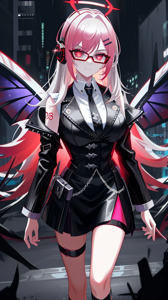 A highly detailed portrait of a solo 1girl standing on a street corner, during a rainstorm with lightning strikes and a cloudy sky, neon and cyberpunk background, she is wearing punk clothes with silver chains and silver spikes, wearing glasses, Big breast,she has a butterfly wing hairclip in her wild hair, she has headphones and a necktie on, , detailed glowing red eyes with distinct pupils, ominous aura Halo, smile, punk, cyberpunk, backlighting, masterpiece, best quality, intricate detail, absurdres, chromatic aberration, depth of field, soft lighting, tone mapped, highly detailed, artstation, concept art, smooth, sharp focus, dramatic lighting, vampire queen, highly detailed artwork, pink lightning, cinematic, trending on Artstation, 8K, incredible shadows, (highly detailed background:1.0)