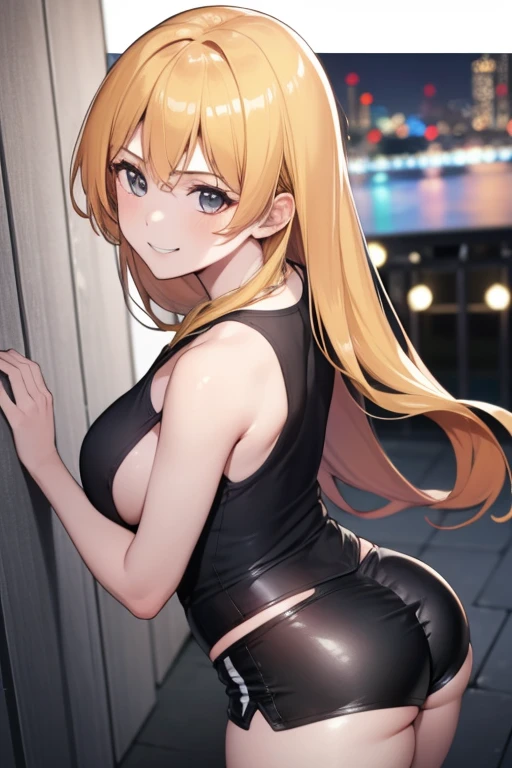 Yoimiya, 1girl, solo, long hair, looking at viewer, smile, breasts, city background, butt, bare shoulders, teeth, tight shirt, short sleeves, closed mouth, black t-shirt,portrait, shorts, skin tight outfit, seductive, realistic, best quality, masterpiece, ultra detail, ultra high res, extreme detail, 8k