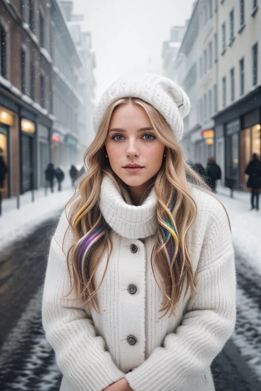 proFessional portrait photograph oF a gorgeous Norwegian girl in winter clothing with long wavy blonde hair, sultry Flirty look, (Freckles), gorgeous symmetrical Face, Maquillage naturel mignon, wearing élégant warm winter Fashion clothing, ((debout à l’extérieur dans Snowy City Street)), Superbe environnement urbain moderne, ultra réaliste, art conceptuel, élégant, très détaillé, complexe, sharp Focus, depth oF Field, F/1. 8, 85mm, Coup moyen, plan médian, (((proFessionally color graded))), bright soFt diFFused light, (volumetric Fog), tendance sur Instagram, hdr 4k, 8K