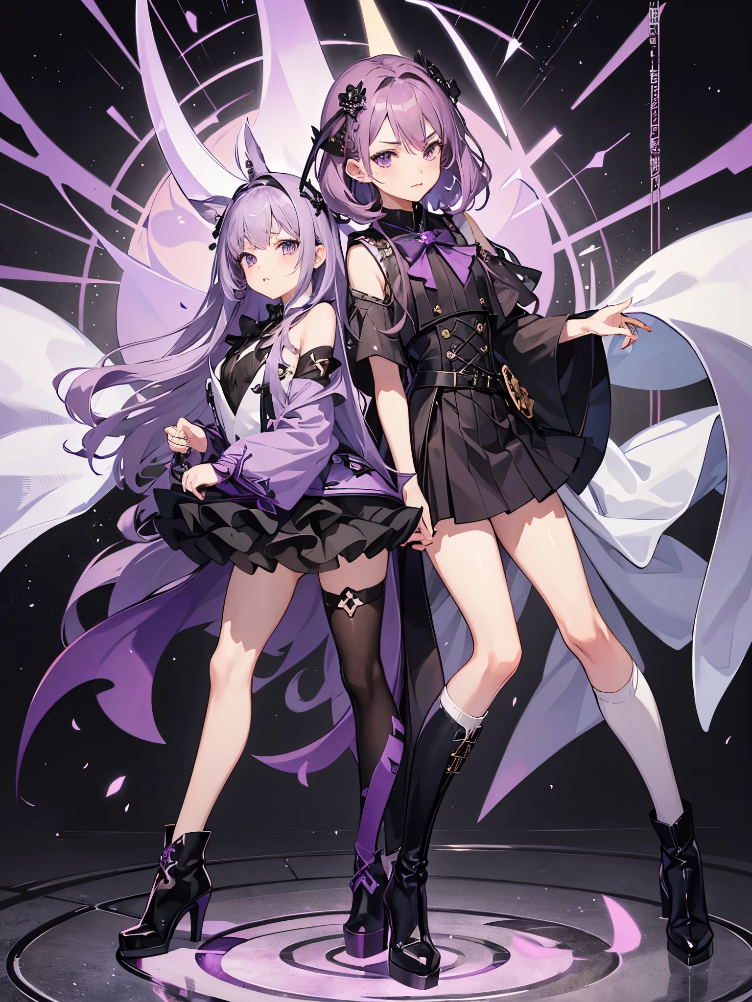 1boy, mauve hair, amethyst eyes, ((full body)), ((idol)), ((cross-dressing)), long boots, ((bishounen)), 军服外套, ((单人))