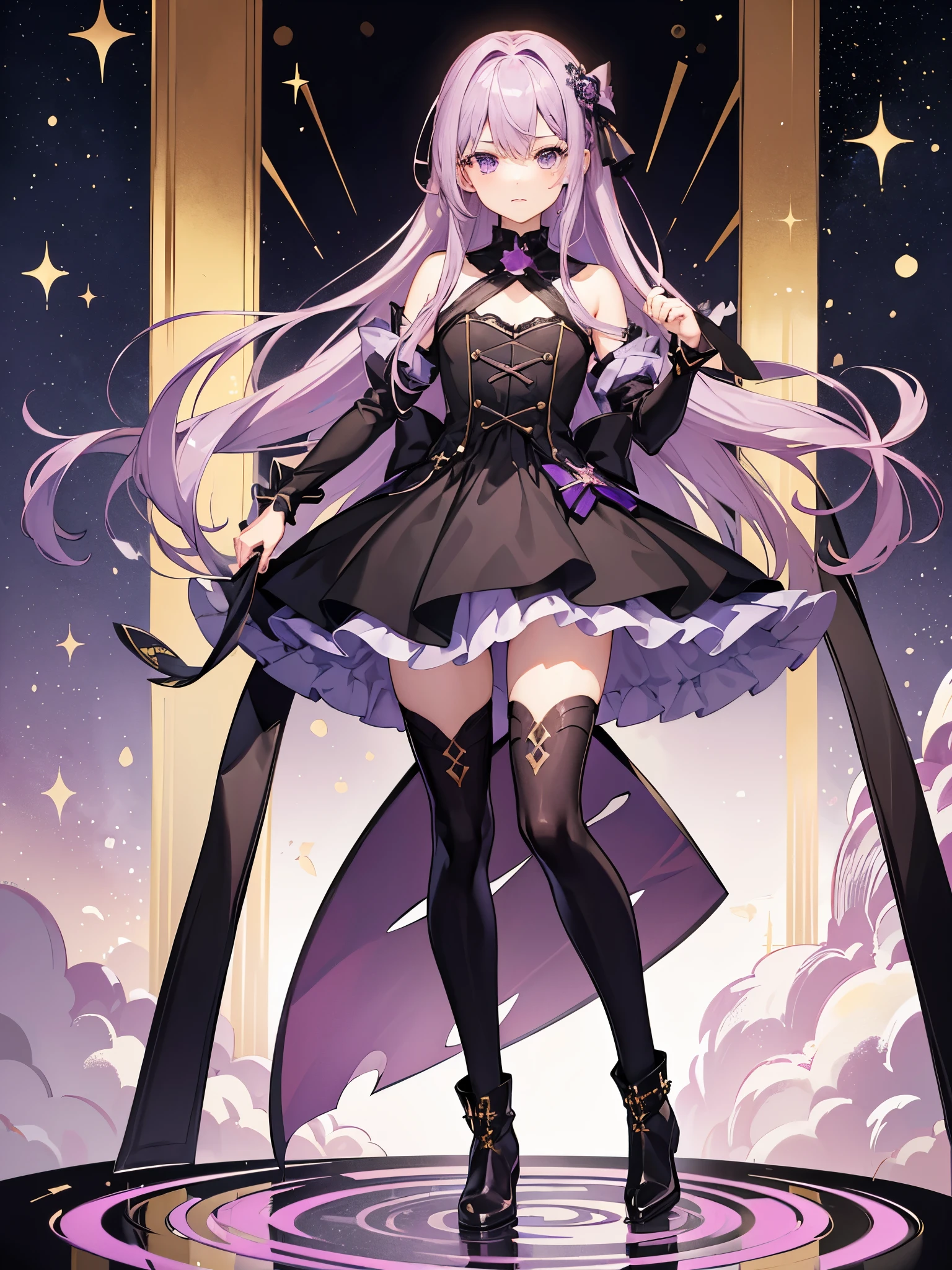 1boy, mauve hair, amethyst eyes, ((full body)), ((idol)), ((cross-dressing)), long boots, ((bishounen)), 军服外套, ((单人))