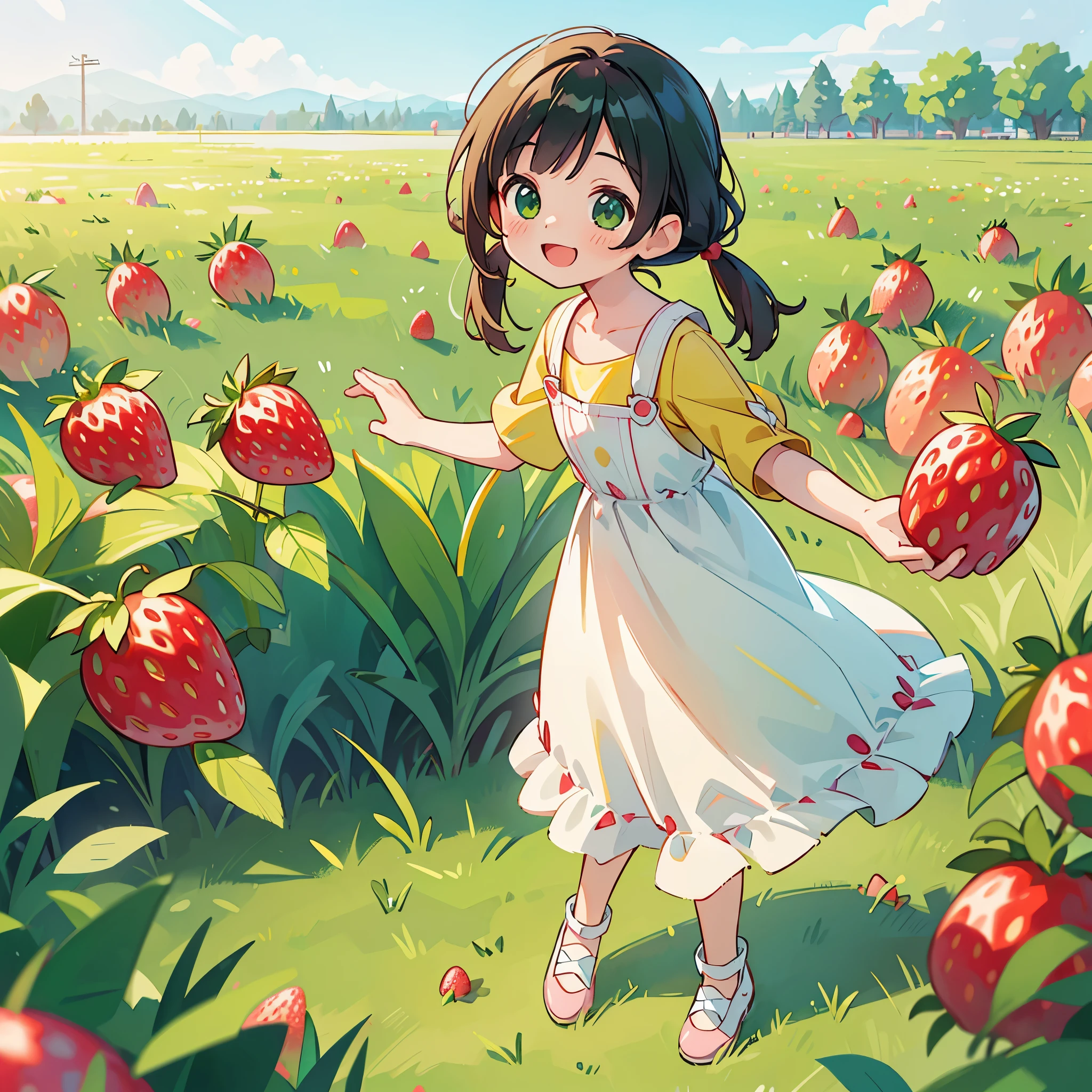 (photorealistic:1.37)、octane rendering、Morning park、Strawberry dress、Girl has twin tail hairstyle and smiles、strawberries fall from the sky、Bright colors、soft sunlight、beautiful flower、green grass、playful atmosphere、peaceful environment、detailed texture、Bright colors、cute shoes with accessories、He looks happy