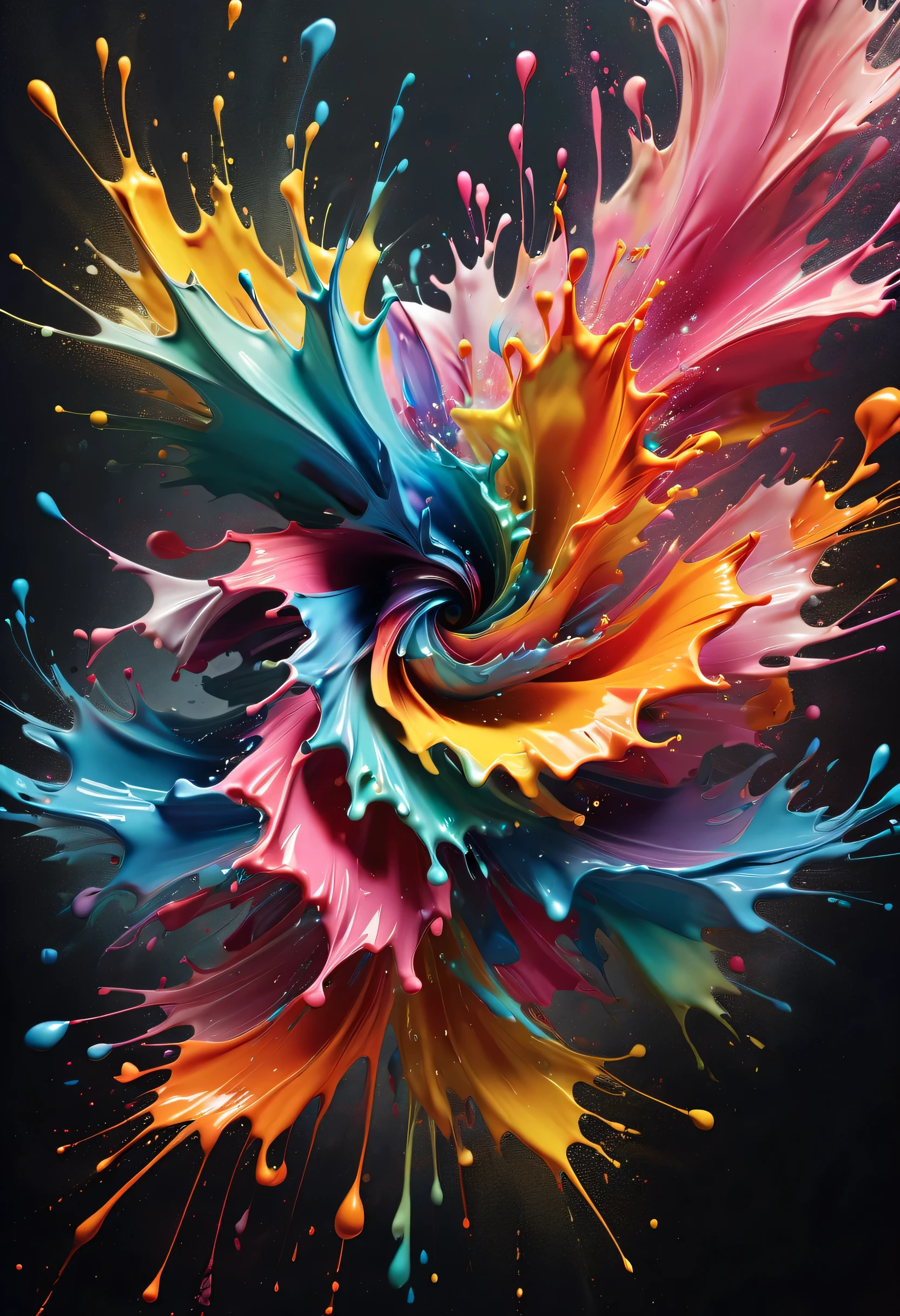 (best picture quality，4K,8k，HD，masterpiece:1.2)，Super detailed，(lifelike，lifelike，lifelike:1.37)。Creative wallpaper design，extremely beautiful，Explosive art，swirl，Abstractionism，like a blooming flower，（（（ink splatter：1.5，Art splashes））），（（（ink splatter效果：1.37，splatted paint：1.37.Colorful paint splash，paint splatter background，）））Energetic movement，动态有力的Abstractionism，colorful，propylene，Vivid rainbow hues，Joyful and lively atmosphere，Bright orange，pink，Whimsical and dreamy，spontaneous splash，bold color contrast。dark background