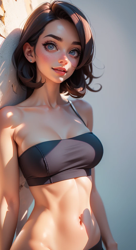 (best quality,highres),(realistic:1.3),female in a dark blue tube top bra,shortstackbt, beautiful detailed eyes,beautiful detailed lips,long eyelashes, charming smile,ethereal atmosphere,peaceful surroundings,pastel color palette,subtle highlights and shadows,impressionistic style.