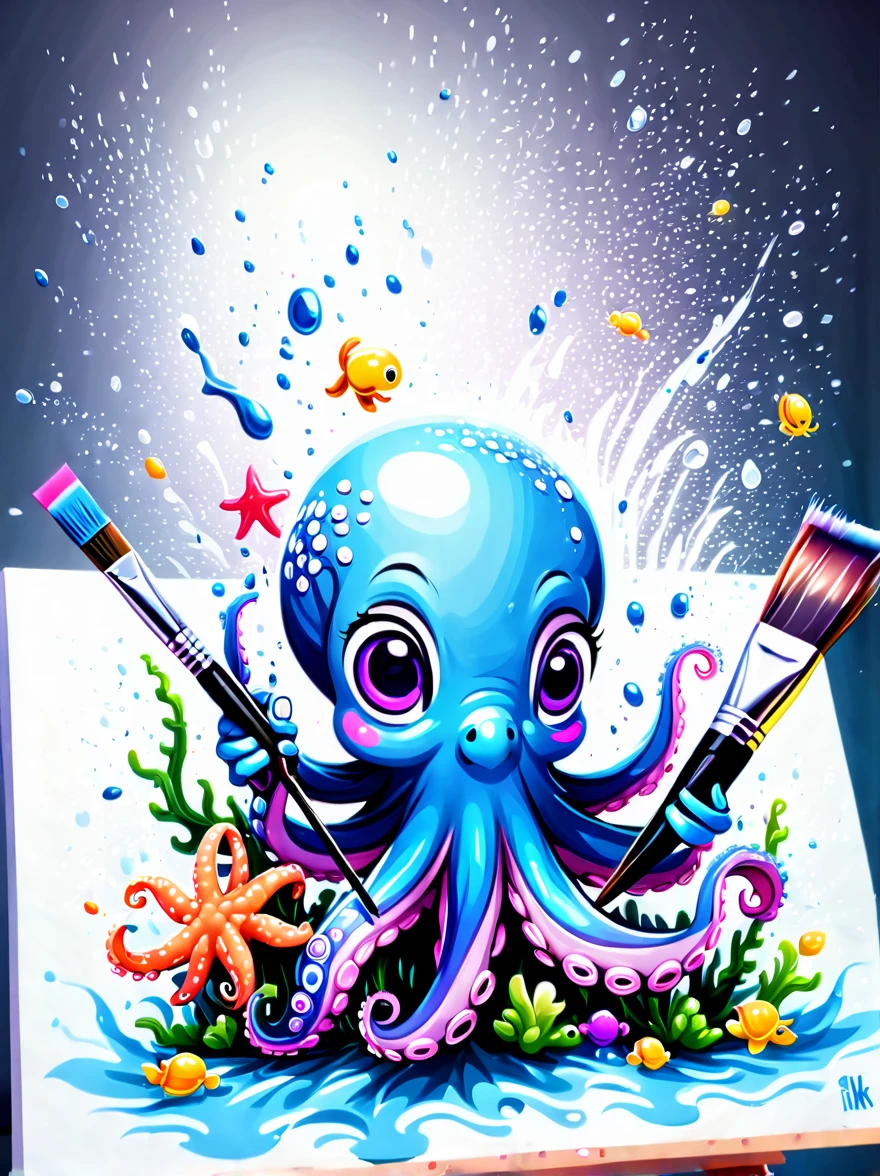 Illustrated style and whimsical atmosphere，an underwater world，((1 cute octopus holding a paintbrush and drawing pictures on the drawing board:1.5))，((油画颜料和彩色ink的强烈飞溅效果:1.6))，(More ink splatter effects on the canvas and octopus:1.6)，(Character covered in ink liquid splatter:1.6), (Underwater world background，Splashed ink，ink:1.6)，The octopus should look happy doing its art，Surrounded by a vibrant aquatic environment filled with coral and marine life。(vector illustration:1.2)