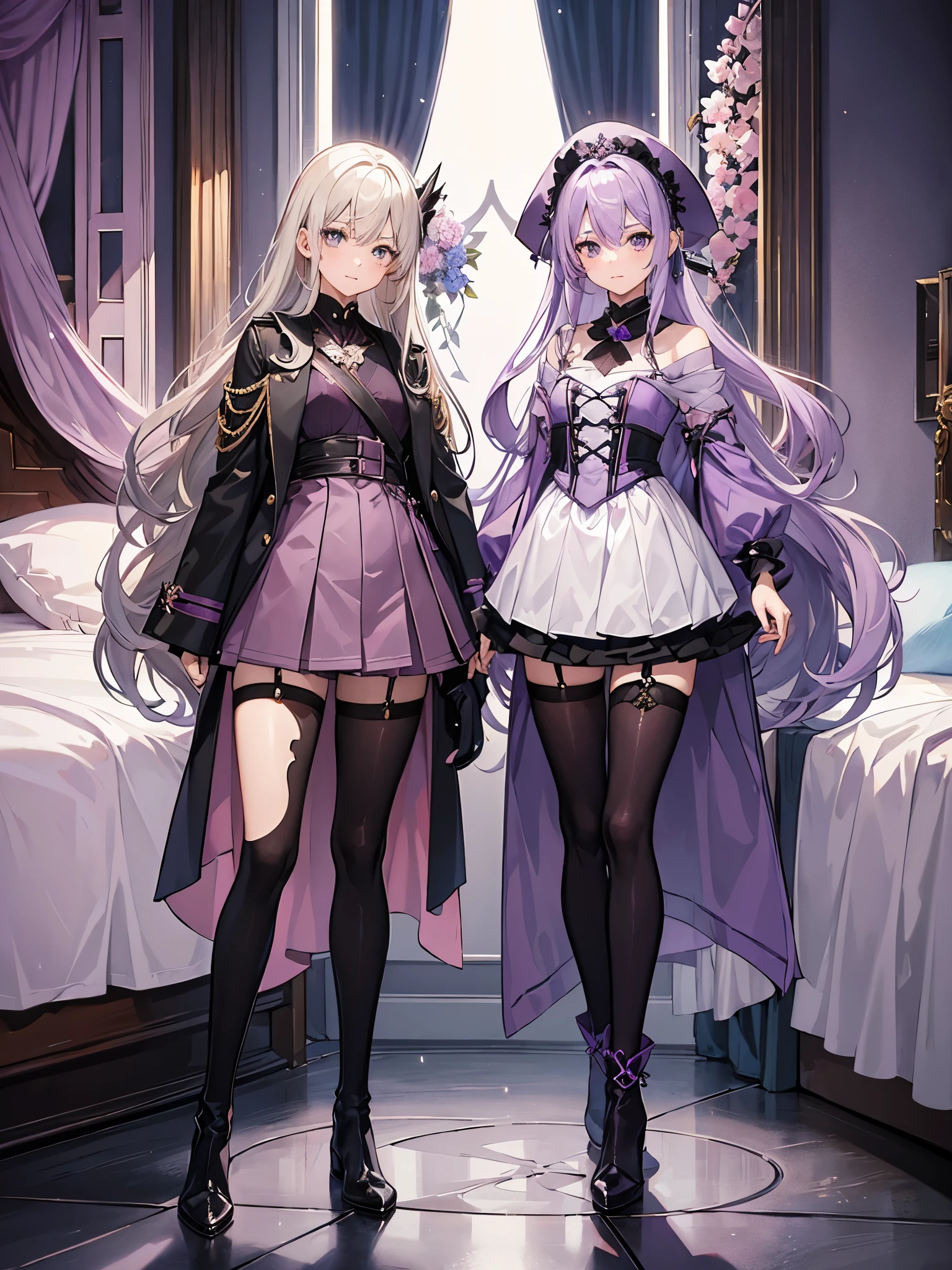 A young silver haired female circus performer with green eyes is posing with a pink haired female performer with violet eyes in Gothic costumes in a Gothic in a circus ring.