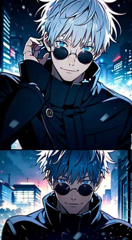 ruined, 1 guy, Own, magnificent composition, city street, Japan, it's snowing、deserted street, night, flashing in the background, Red and blue colors, (master piece, Highest品質: 1.2), male focus, 1 boy, gojo satoru, round glasses, sunglasses, put one's hand in one's pocket, blindfold, black Jacket, (masterpiece:1.3),(Highest品質:1.2),8K,disorganized,Unity 8K Wallpapper,(very detailed:1.3),Highest, High resolution, wonderful, illustration, Soft light in a beautiful studio, amazingly beautiful, 信じられないほどdisorganized, vivid details, cinematic lighting, moody lighting, pixiv, award-winning, Professional, very detailed, Five 1, inform, looking at the viewer, smile, short hair, 1 boy, Are standing, Jacket, white colored hair, male focus,spike hair, Face-to-face audience, (red background:1.1), high collar, blindfold, (magic:1.3), (aura:1.3),