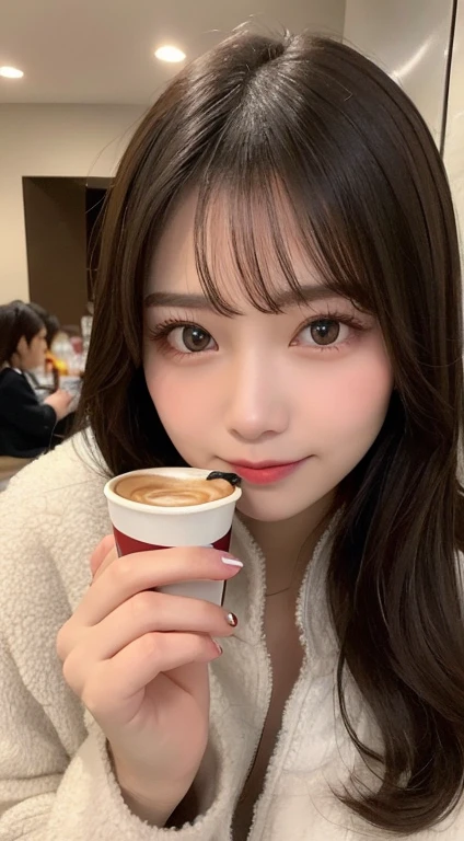 closeup shot , Best picture quality (8K, high resolution, Masterpiece: 1.2), super detailed,  215 Short Hair, -yeld wo, 

A cute frilly dress。
At Starbucks Coffee、Drinking a Frappuccino


, Close-up of face 

, random cute pose ,big eyes ,Puffy eyes ,  Heart Pupil, blush  , huge shy smile , salute
