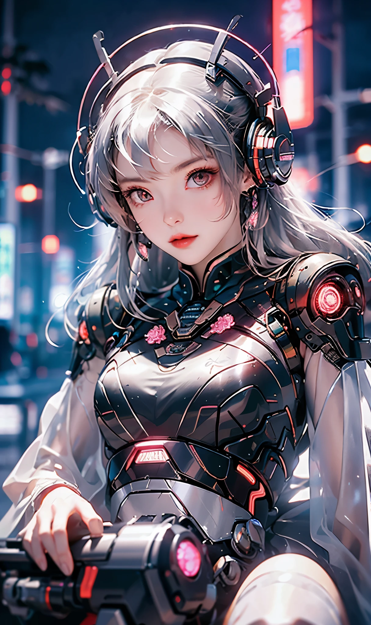 1 girl, Japanese, metallic black titanium and pink, cyberhan, China dress, cyber punk city, dynamic pose, detailed luminescent headphones, luminous hair accessories, long hair, glowing earrings, glowing necklace, cyber punk, high tech city, full of mechanical and futuristic elements, futuristic, technology, shining neon, pink, pink light, sexy skirt, translucent black cape, laser lights, digital background urban sky, big moon, with vehicle, 最high quality, masterpiece, 8K, character edge light, Ultra high definition, high quality, The most beautiful women of mankind, smile, The face is facing forward.、It is symmetrical, earrings, long antenna glow, Beautiful pupils, light effect, visual data, silver-red-orange hair dyed hair, Super detailed facial texture, Happy, weapon system, crowded street passers-by, Mecha style, Overhead light-emitting antenna, Backjet, girl sitting