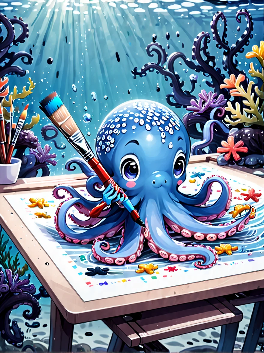 Illustrated style and whimsical atmosphere，an underwater world，((1 cute octopus holding a paintbrush and drawing pictures on the drawing board:1.5))，((油画颜料和彩色ink的强烈飞溅效果:1.6))，(More ink splatter effects on the canvas and octopus:1.6)，(Character covered in ink liquid splatter:1.6), (Underwater world background，Splashed ink，ink:1.6)，The octopus should look happy doing its art，Surrounded by a vibrant aquatic environment filled with coral and marine life。(vector illustration:1.2)