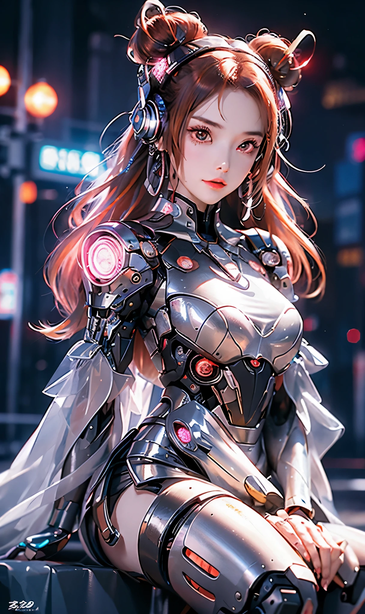 1 girl, Japanese, metallic black titanium and pink, cyberhan, China dress, cyber punk city, dynamic pose, detailed luminescent headphones, luminous hair accessories, long hair, glowing earrings, glowing necklace, cyber punk, high tech city, full of mechanical and futuristic elements, futuristic, technology, shining neon, pink, pink light, sexy skirt, translucent black cape, laser lights, digital background urban sky, big moon, with vehicle, 最high quality, masterpiece, 8K, character edge light, Ultra high definition, high quality, The most beautiful women of mankind, smile, The face is facing forward.、It is symmetrical, earrings, long antenna glow, Beautiful pupils, light effect, visual data, silver-red-orange hair dyed hair, Super detailed facial texture, Happy, weapon system, crowded street passers-by, Mecha style, Overhead light-emitting antenna, Backjet, girl sitting
