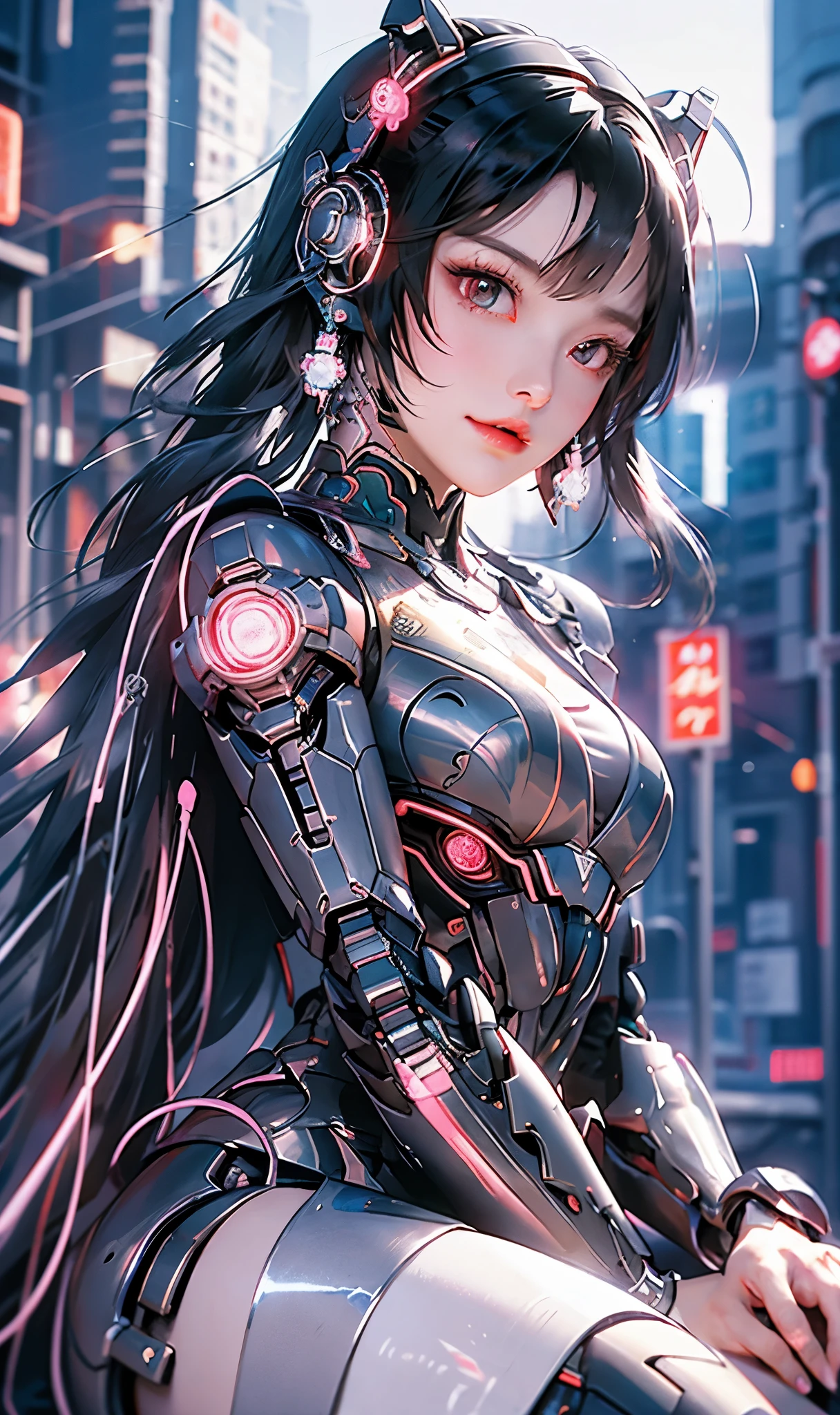 1 girl, Japanese, metallic black titanium and pink, cyberhan, China dress, cyber punk city, dynamic pose, detailed luminescent headphones, luminous hair accessories, long hair, glowing earrings, glowing necklace, cyber punk, high tech city, full of mechanical and futuristic elements, futuristic, technology, shining neon, pink, pink light, sexy skirt, translucent black cape, laser lights, digital background urban sky, big moon, with vehicle, 最high quality, masterpiece, 8K, character edge light, Ultra high definition, high quality, The most beautiful women of mankind, smile, The face is facing forward.、It is symmetrical, earrings, long antenna glow, Beautiful pupils, light effect, visual data, silver-red-orange hair dyed hair, Super detailed facial texture, Happy, weapon system, crowded street passers-by, Mecha style, Overhead light-emitting antenna, Backjet, girl sitting