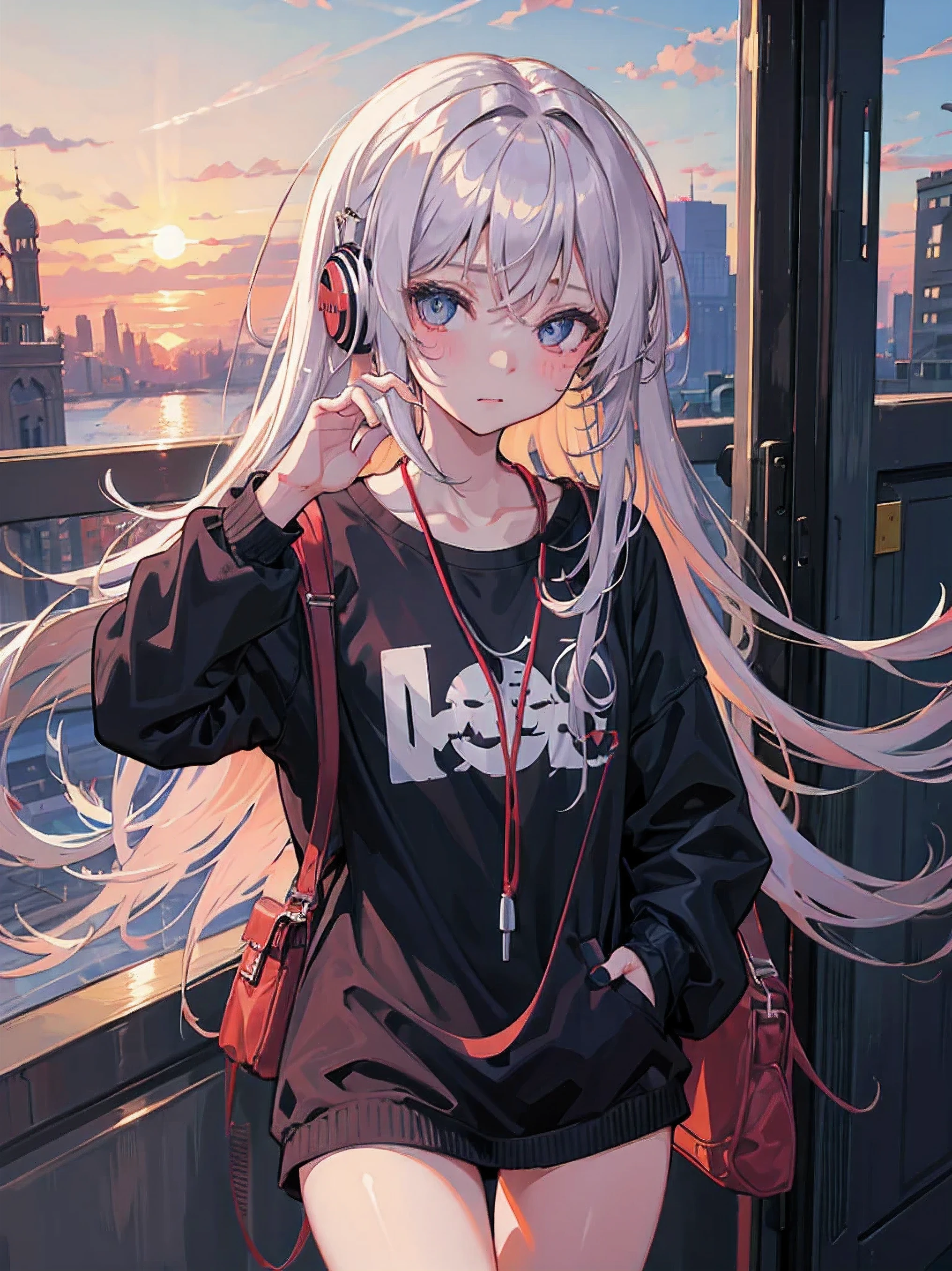 cute girl in the train, in love, vivid eyes, alone, with headphones, sunset, gorgeous, loose clothes, messy hair, digital art, masterpiece, high details, intricate, perfect face, traced lights, peace