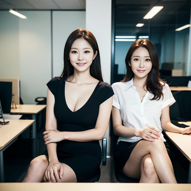 onoff,side-by-side photo,split screen,sitting in a chair, high quality, super realistic,realistic photo,cinematic lighting,depth of field, office lady, beauty, smile, beautiful legs, beautiful eyes, beautiful and accurate face, beautiful hands, background is office,