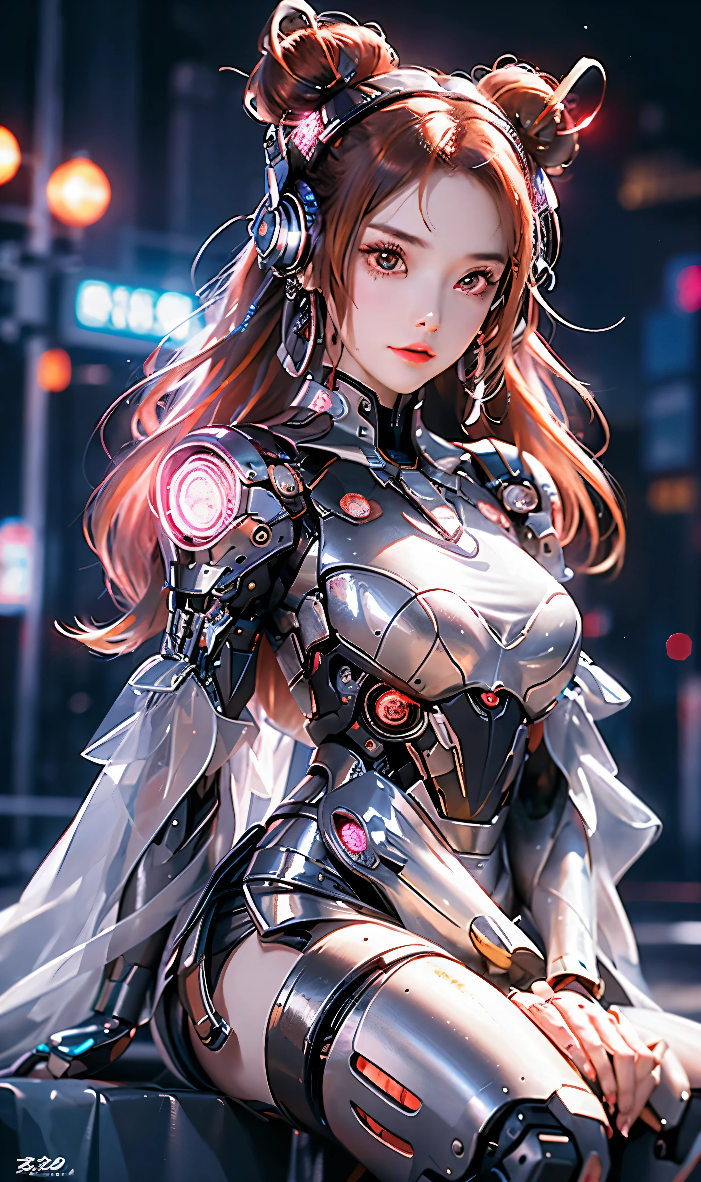 1 girl, Japanese, metallic black titanium and pink, cyberhan, China dress, cyber punk city, dynamic pose, detailed luminescent headphones, luminous hair accessories, long hair, glowing earrings, glowing necklace, cyber punk, high tech city, full of mechanical and futuristic elements, futuristic, technology, shining neon, pink, pink light, sexy skirt, translucent black cape, Laser Light, digital background urban sky, big moon, with vehicle, 最high quality, masterpiece, 8K, character edge light, ultra high resolution, high quality, the most beautiful woman of mankind, smile, face is facing forward.、It is symmetrical, earrings, long antenna glow, Beautiful pupils, light effect, visual data, silver-red-orange hair dyed hair, Super detailed facial texture, Happy, weapon system, crowded street passers-by, Mecha style, Overhead light-emitting antenna, Backjet, girl sitting